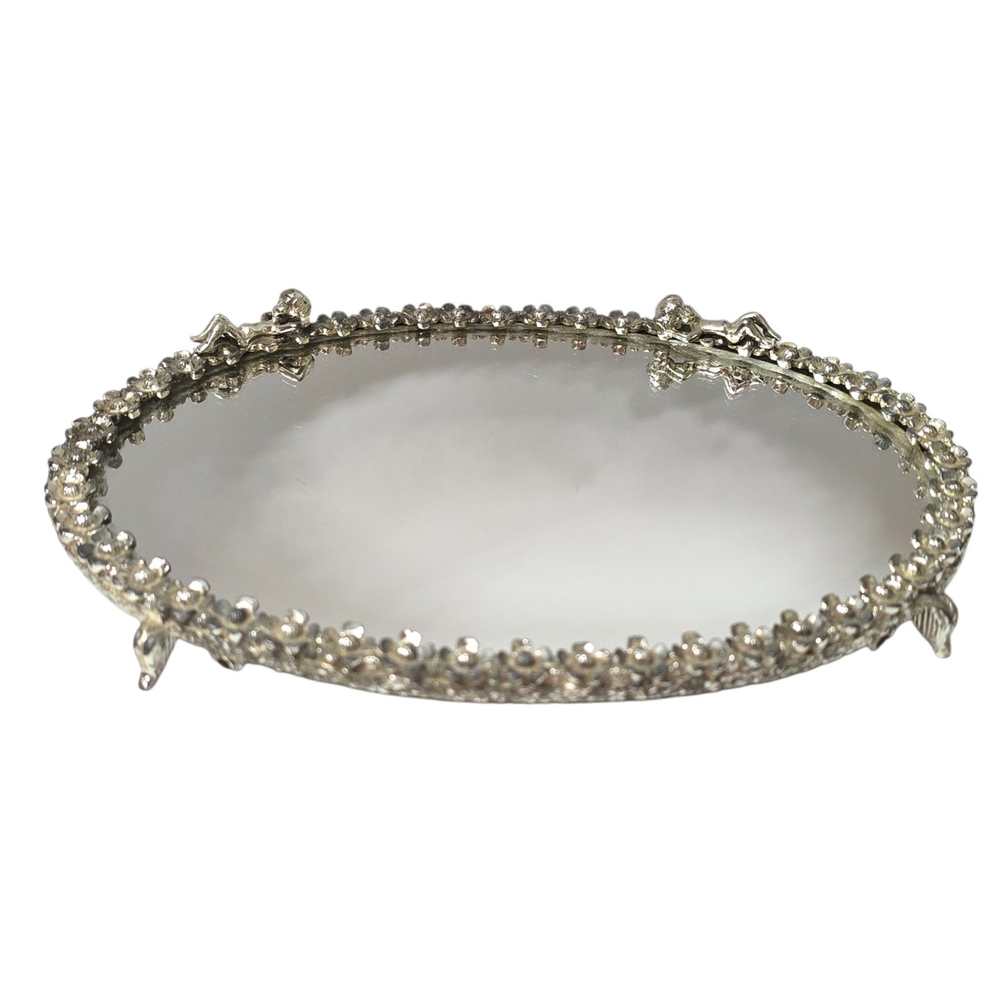 Sam Fink Vanity Set Mirror Tray Purse Mirror Cherub Flower Silver Tone Harp Feet