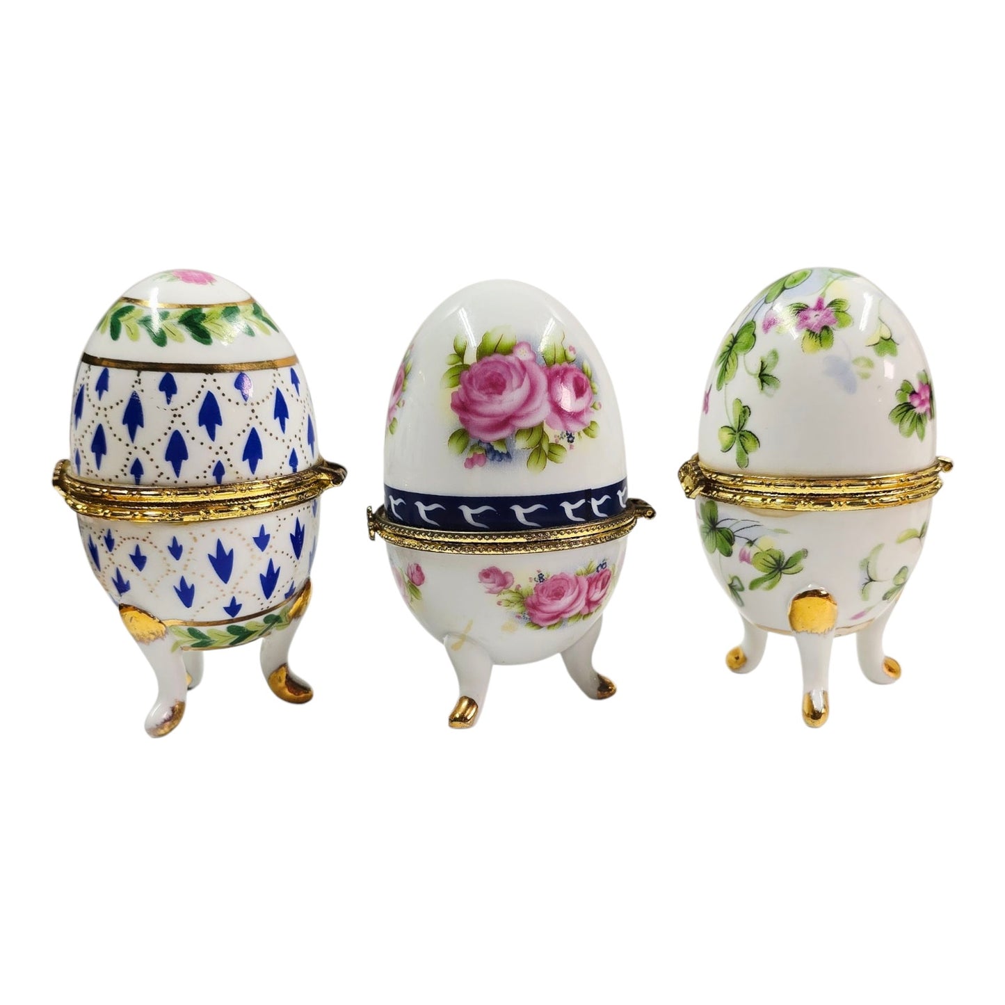 Set of 3 Vintage Porcelain Footed Egg Trinket Boxes Hinged Floral Tripod Base