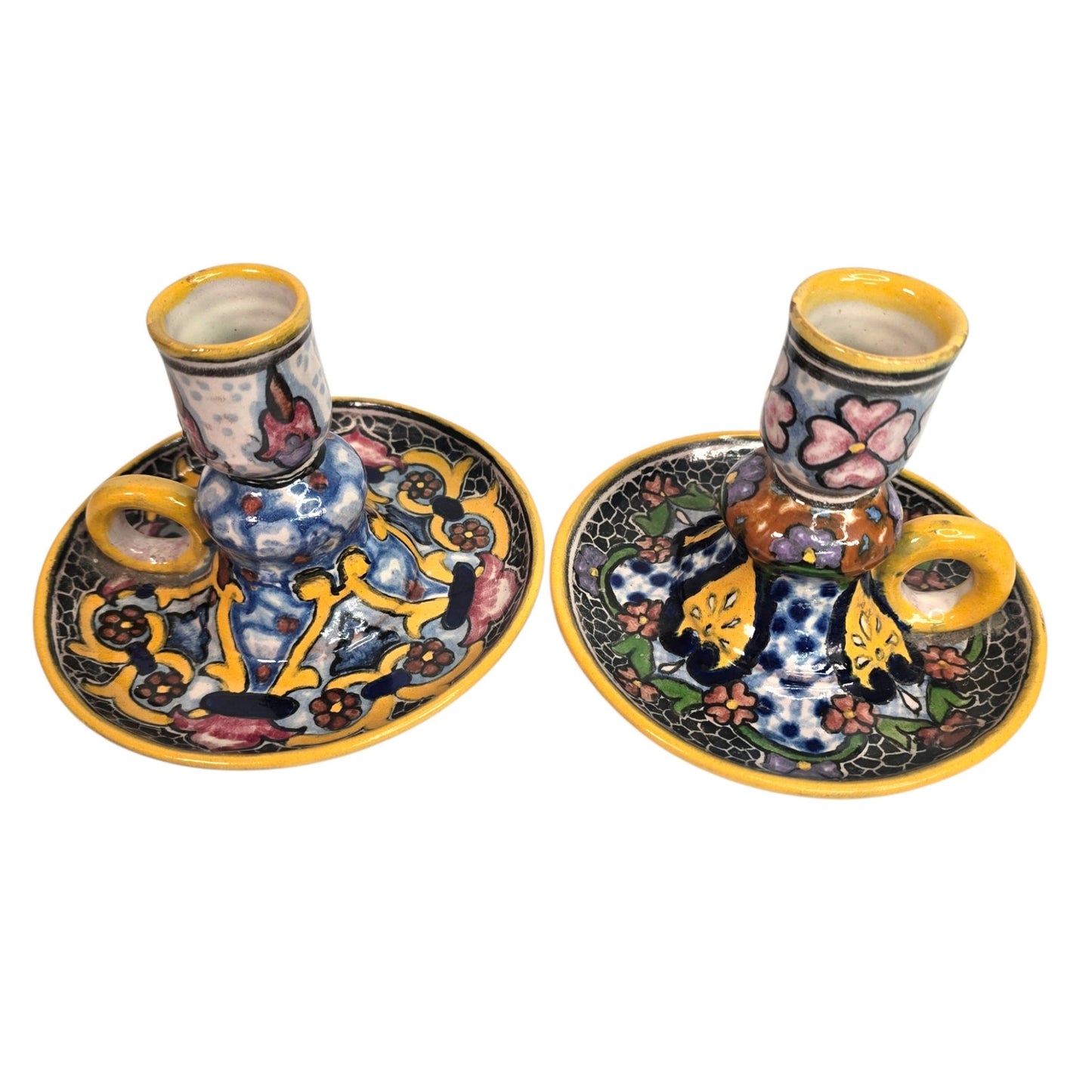Vtg Casa Rugerio Puebla Mexico Talavera Candlesticks Pair Hand Painted Pottery