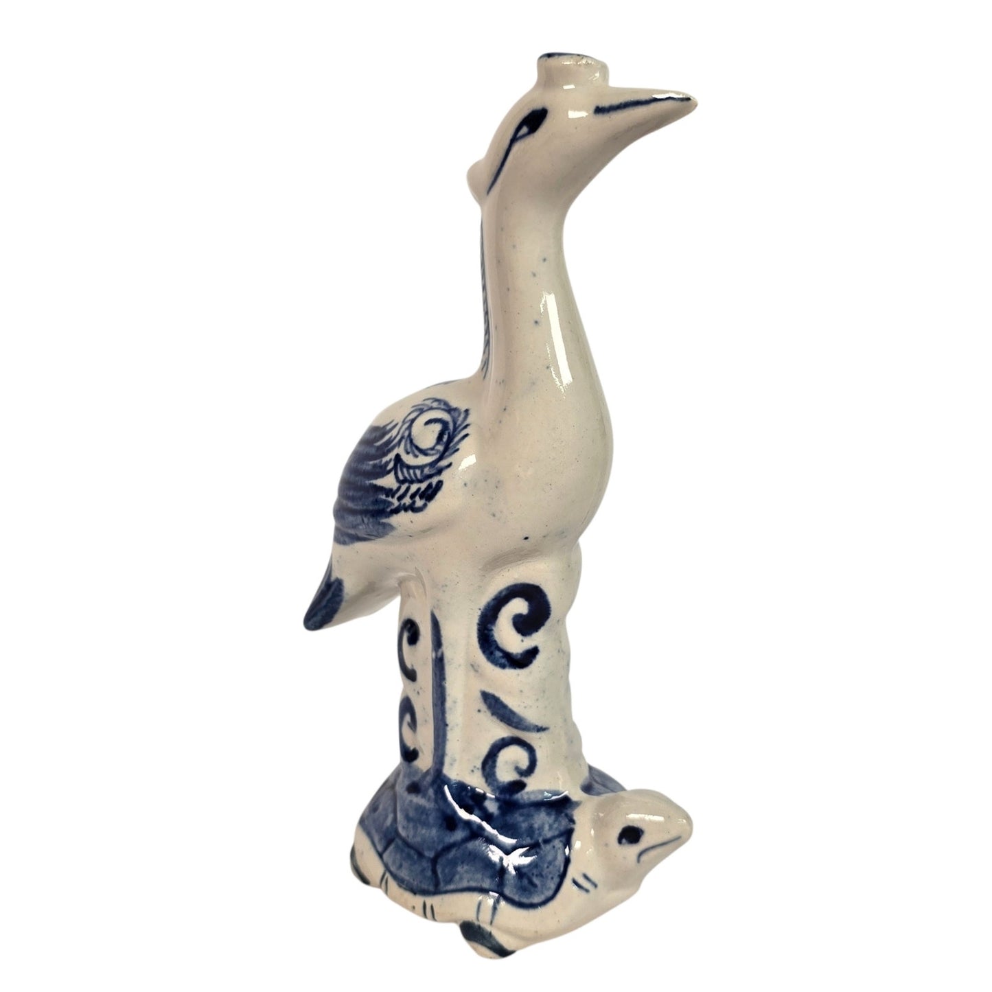 Vintage Blue & White Ceramic Crane on Turtle Figurine Asian Longevity Motif