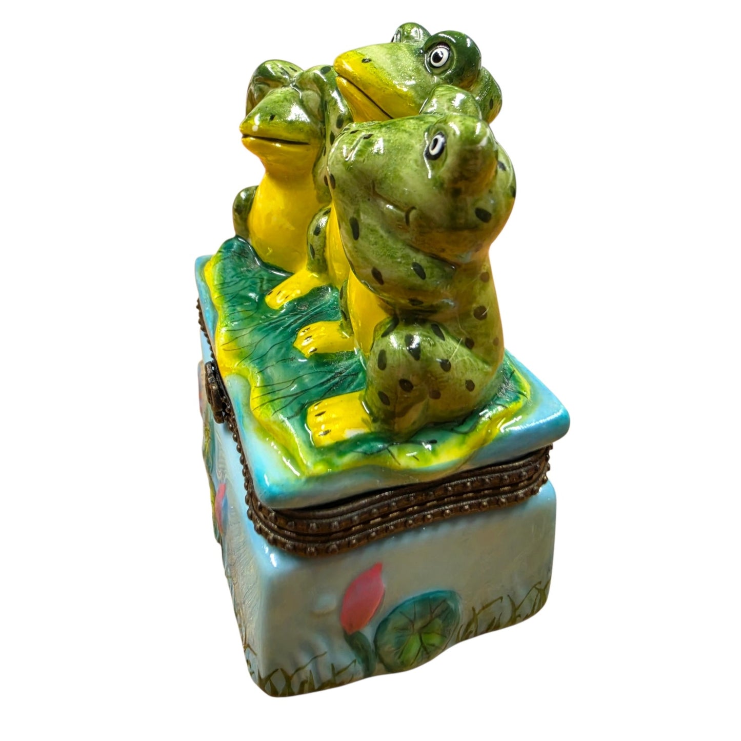 Vintage Three Wise Frogs Ceramic Hinged Trinket Box See Hear Speak No Evil
