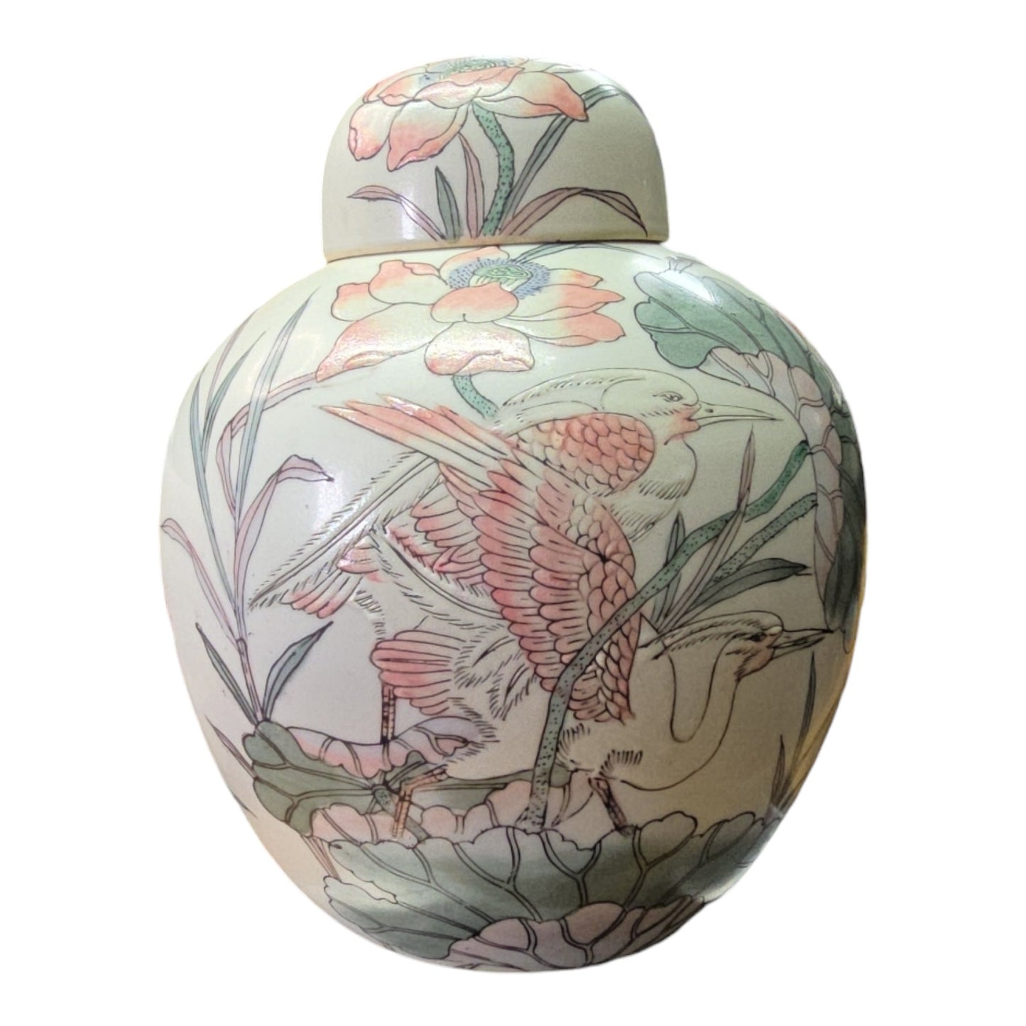 Vintage Asian Porcelain Ginger Jar with Lid, Floral Pattern with Birds in Pastel Mint and Peach