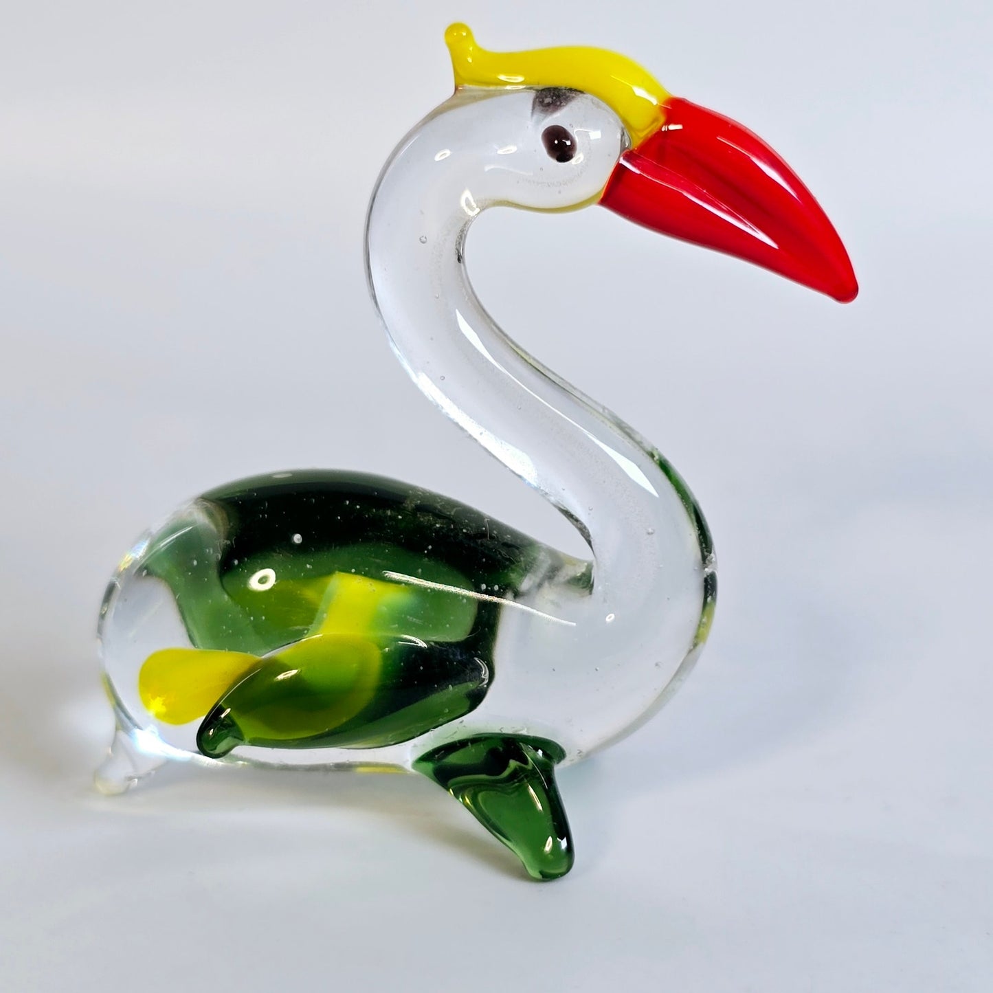 Handblown Blue Art Glass Pelican, Yellow, Orange and Green Stretch Glass Pelican Bird