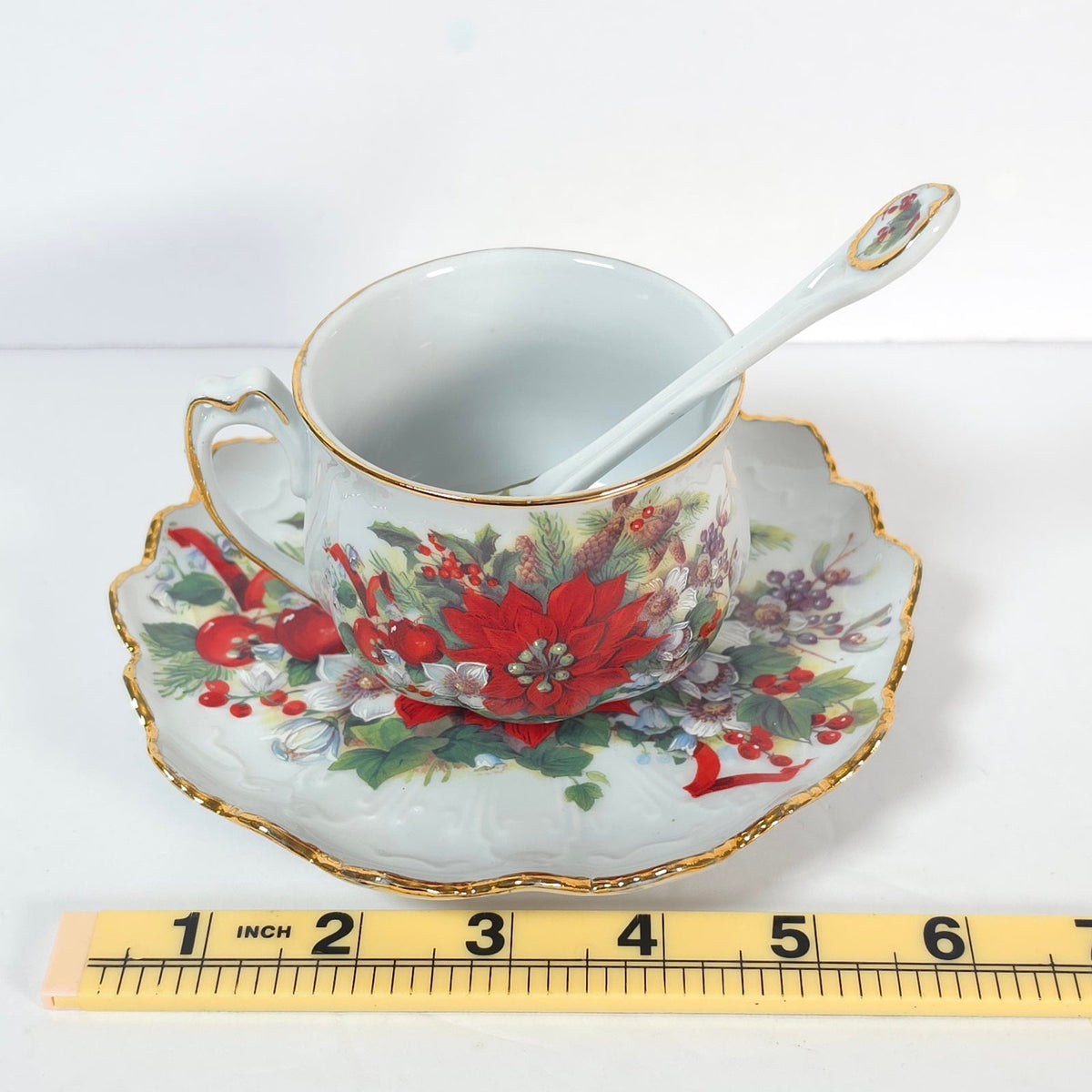 Lois White CreARTive Treasures Christmas Teacup Saucer Spoon Poinsettia
