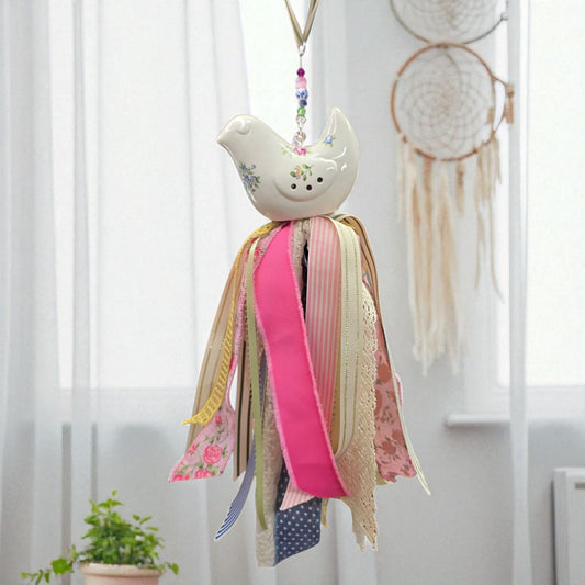 Vintage Bird Tassel | Floral Ceramic Pomander Hanging Ribbon Decor Farmhouse