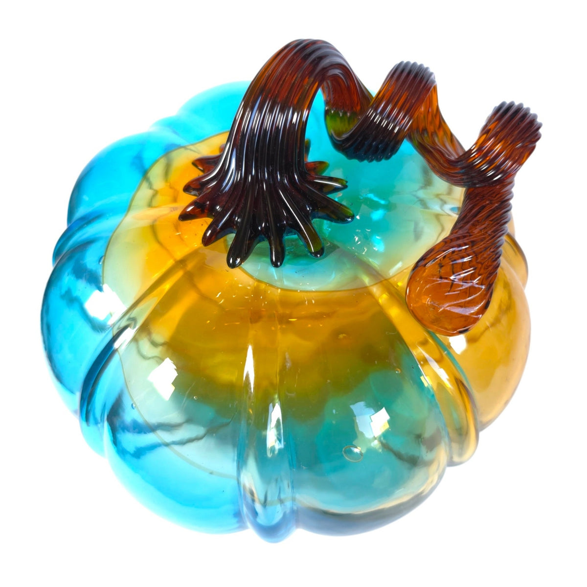 Hand Blown Art Glass Pumpkin Turquoise Blue Amber Brown Curly Stem Fall Decor