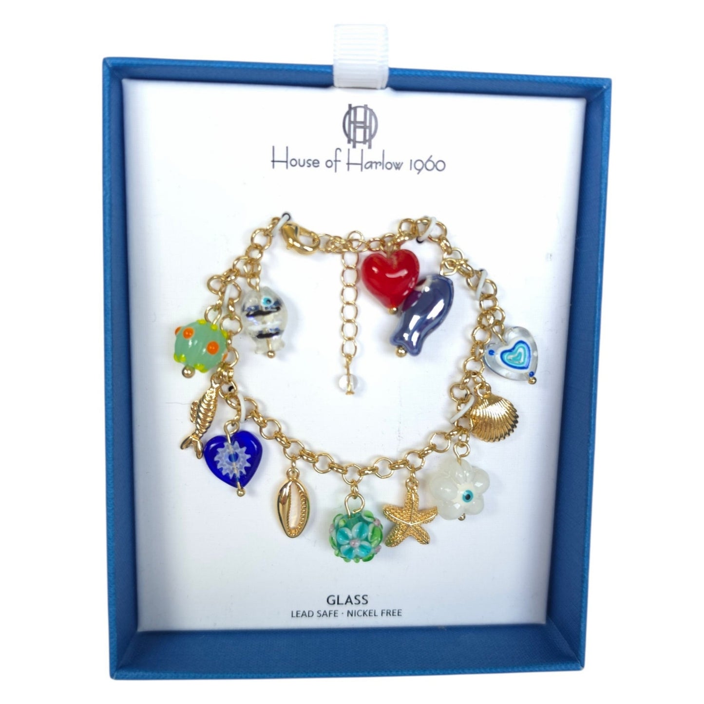 House of Harlow 1960 Gold Tone Multi Charm Bracelet Glass Lead Safe Nickel Free