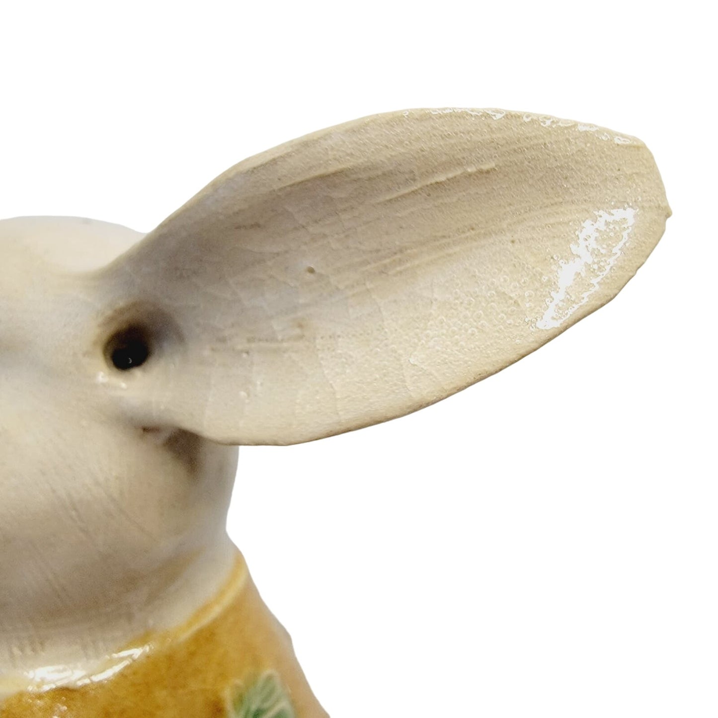Vtg Signed Asian Rabbit Figurine Playing Long Horn Pottery Seal Mark MCM 8.5"