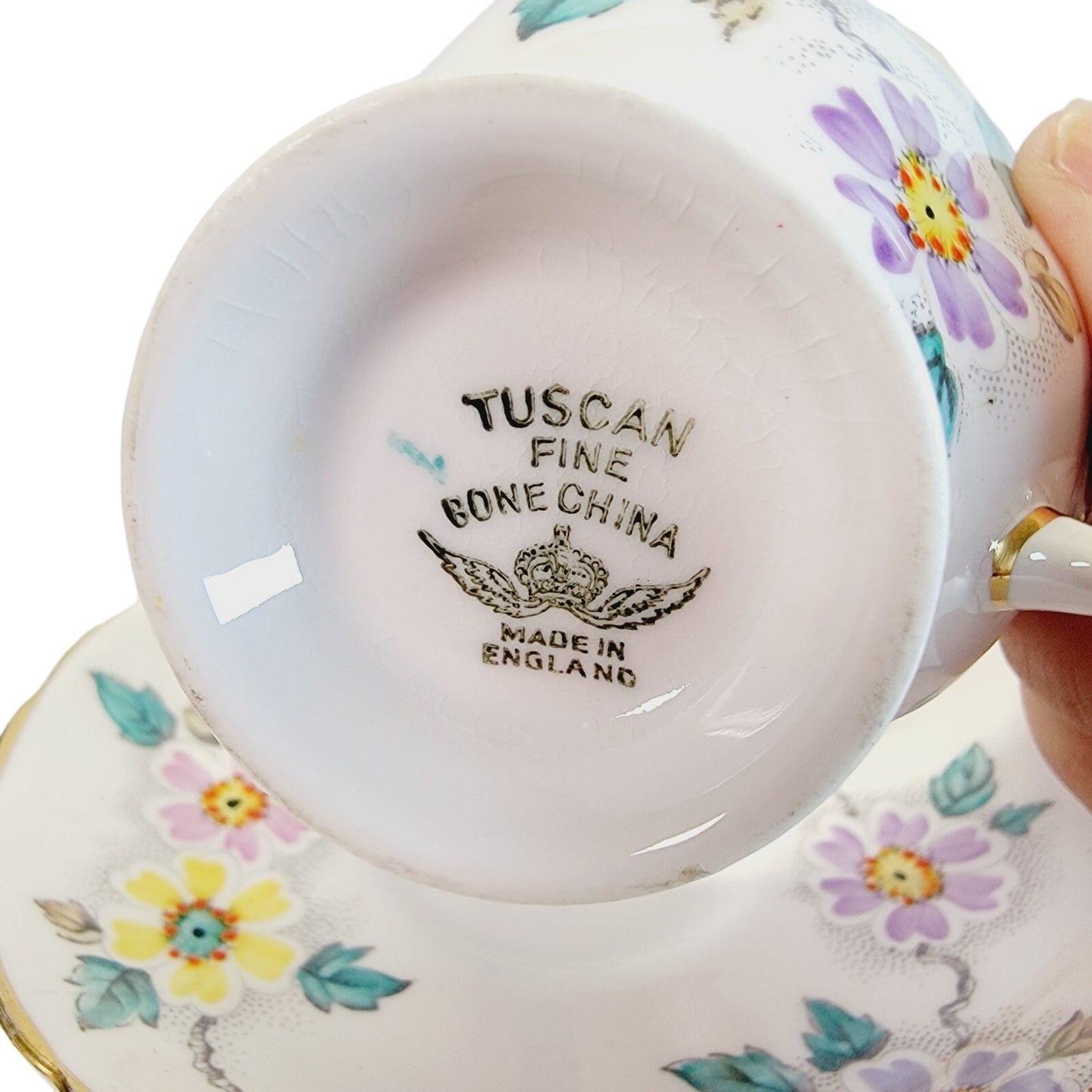 Tuscan English Bone China Teacup and Saucer, Daisies, Made in England, Blush Pink