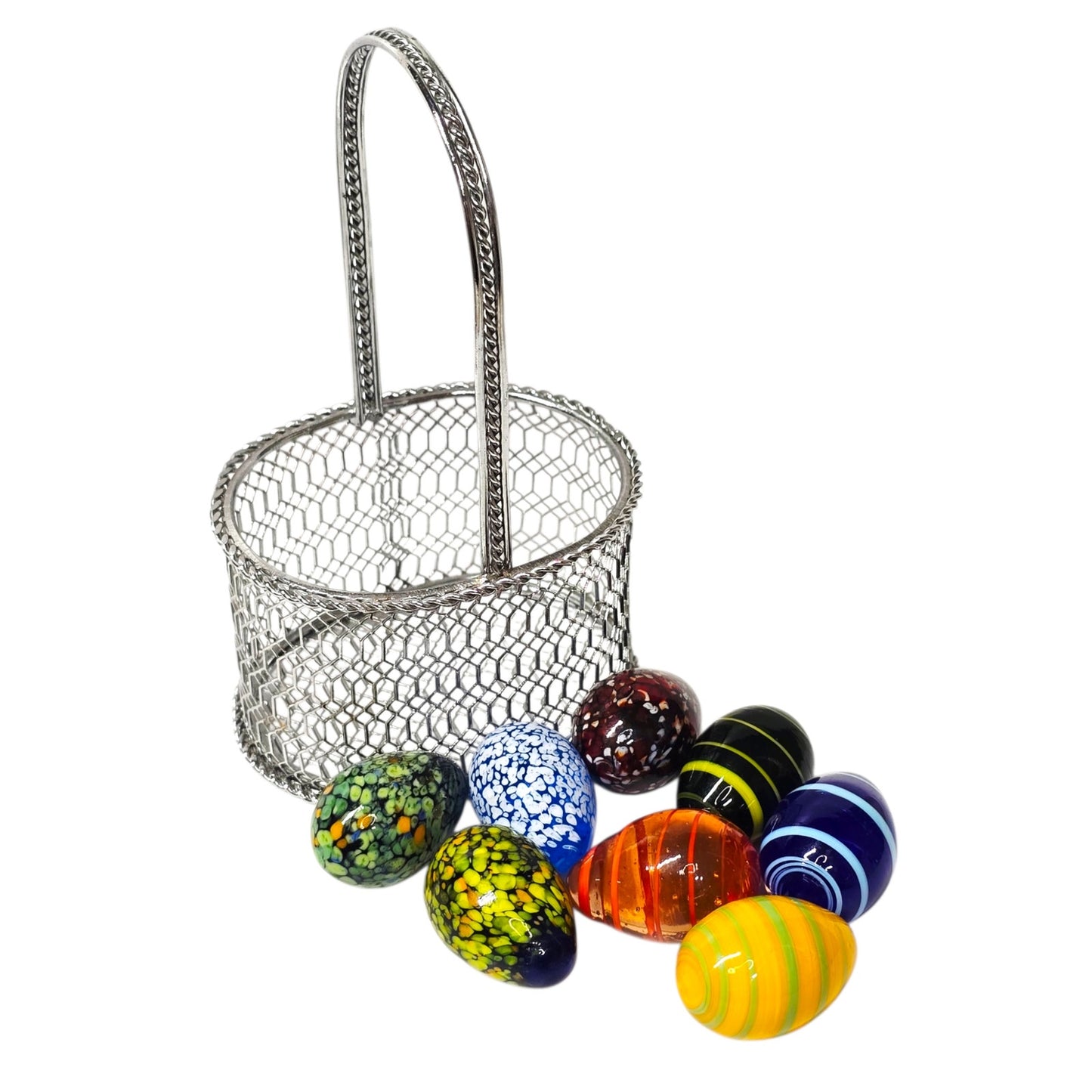 Set of 8 Handblown Art Glass Eggs Colorful Artisan Glass Miniature Eggs w Basket