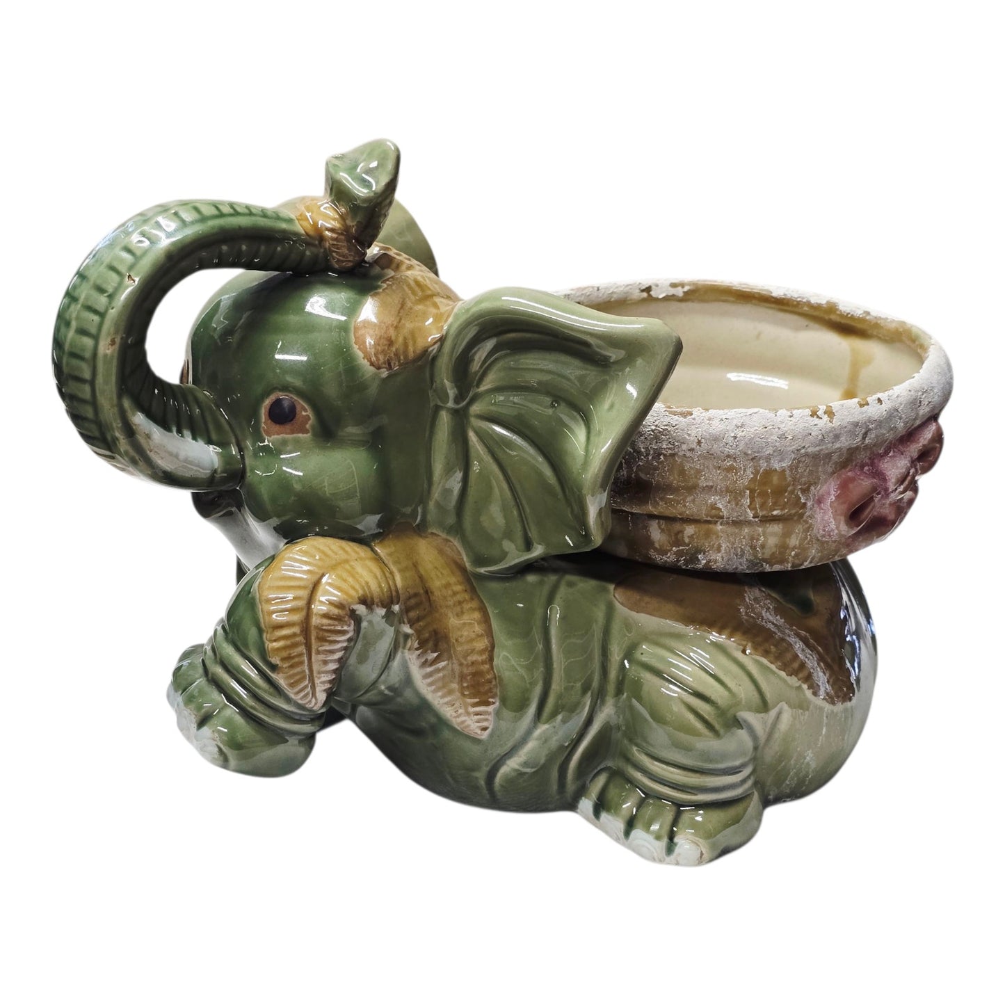(Reserved for Customer) Large Vtg Green Ceramic Elephant Planter Raised Trunk Pink Bow 11" Japan