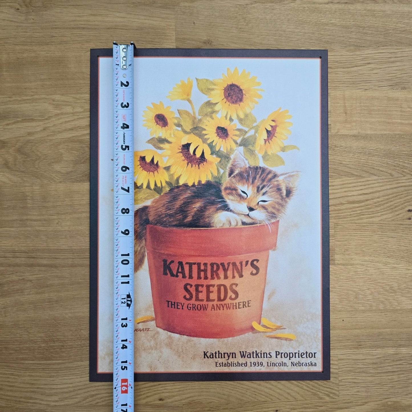 Vintage Kathryn's Seeds Kitten in Flower Pot Metal Sign Advertisement 1998 Lynn Kaatz