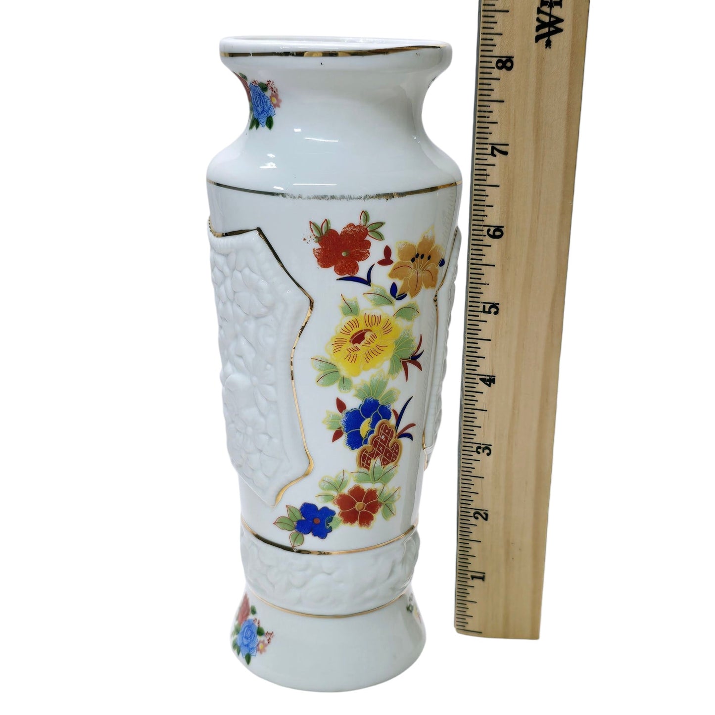 Vintage Porcelain Vase with Colorful Textured Floral Desgin Gold Trim