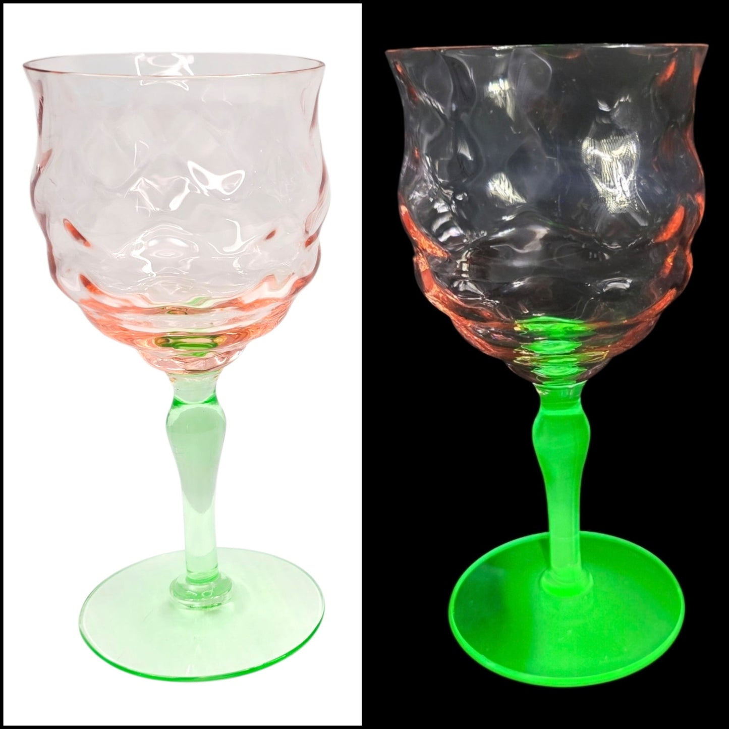 Vtg Tiffin Watermelon Uranium Glass Cocktail Coupes / Champagne Glasses Set of 2