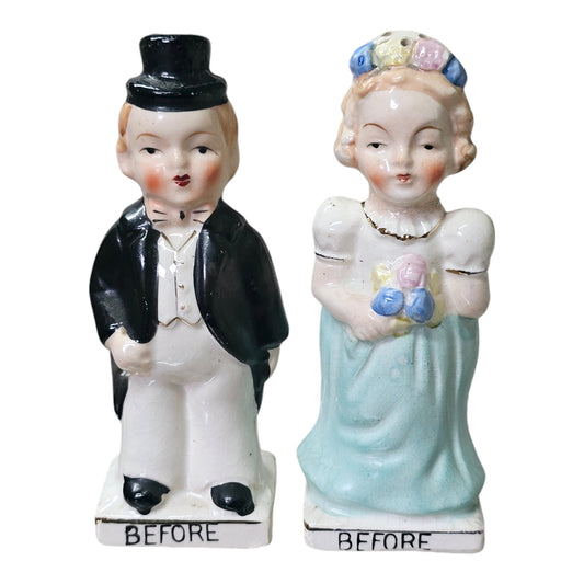 Vintage Before & After Married Couple Salt & Pepper Shakers Double Sided Humor