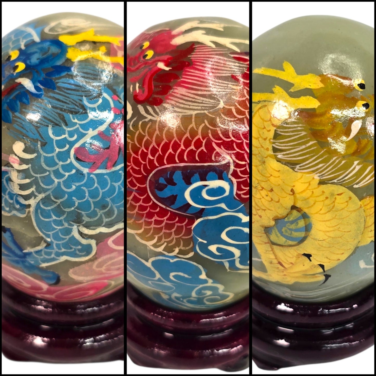 Vtg Set of 6 Chinese Hand Painted Dragon Eggs Green Marble Stone w/ Stands & Box