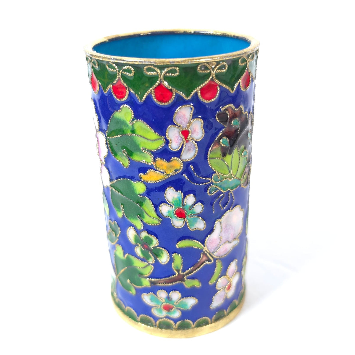 Cloisonne Enamel Pencil Brush Holder Blue Floral Butterfly Tumbler 4.25"