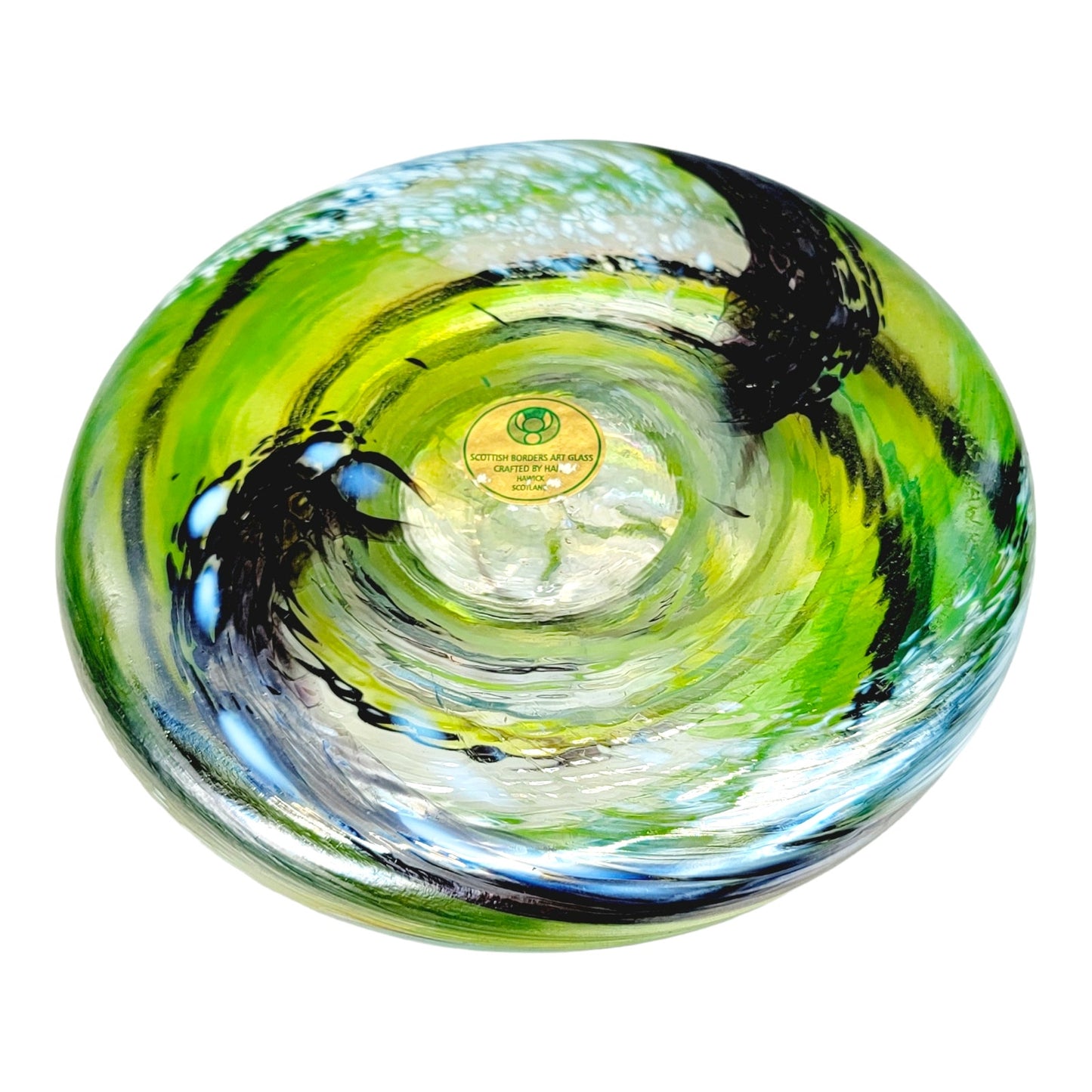 Scottish Borders Art Glass Tealight Candle Holder Iridescent Green Swirl