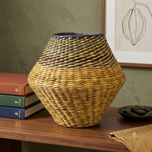 Vintage Woven Seagrass Basket Coiled Boho Yellow Purple Blue Tapered Vase Planter