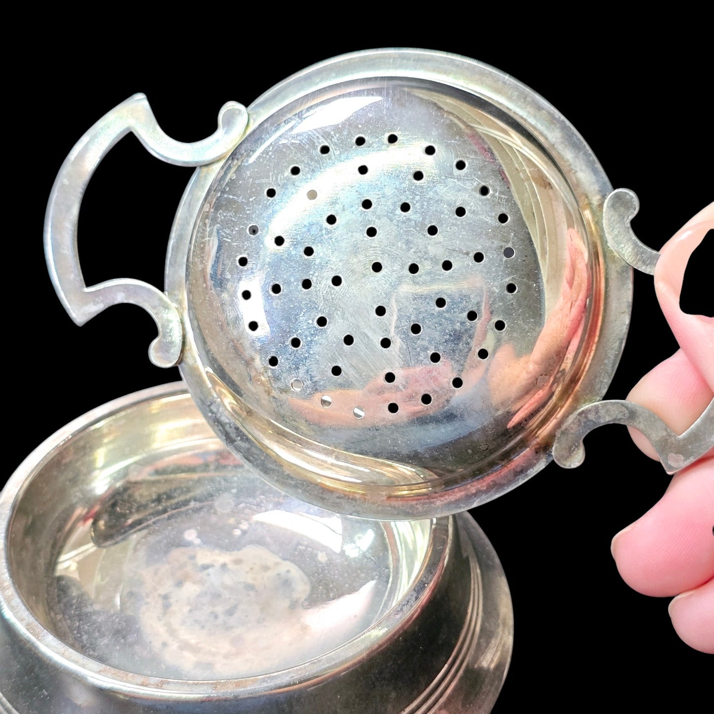 Double Handle Tea Strainer with Dish, Lemon Strainer, Vintage Barware