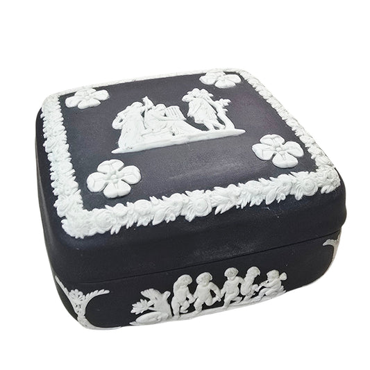 Wedgwood Black Basalt Jasperware trinket box Square Cherubs Courting Couples Made in England