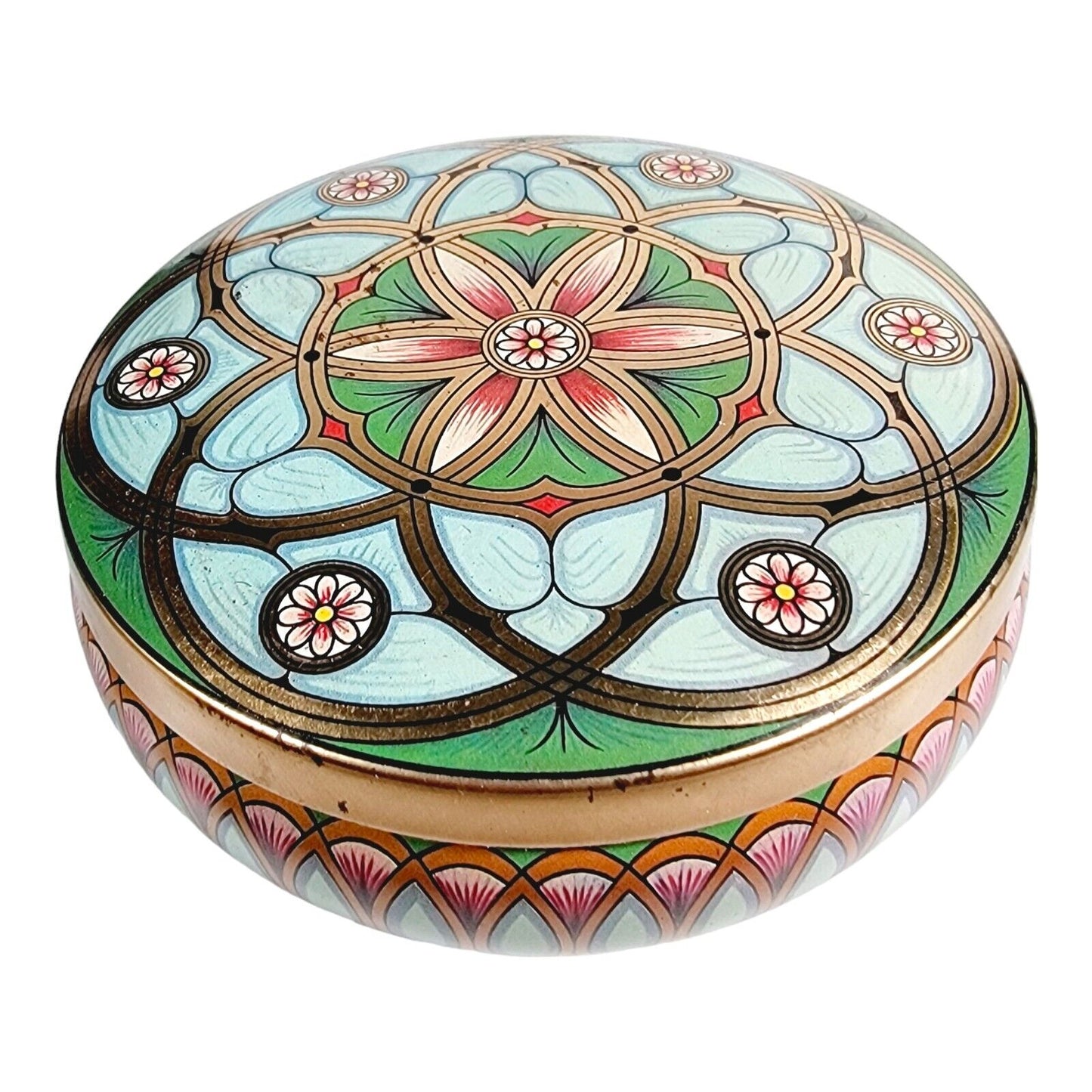 Vintage Art Nouveau Meister Round Green Tin Trinket Box, Decorative Tin