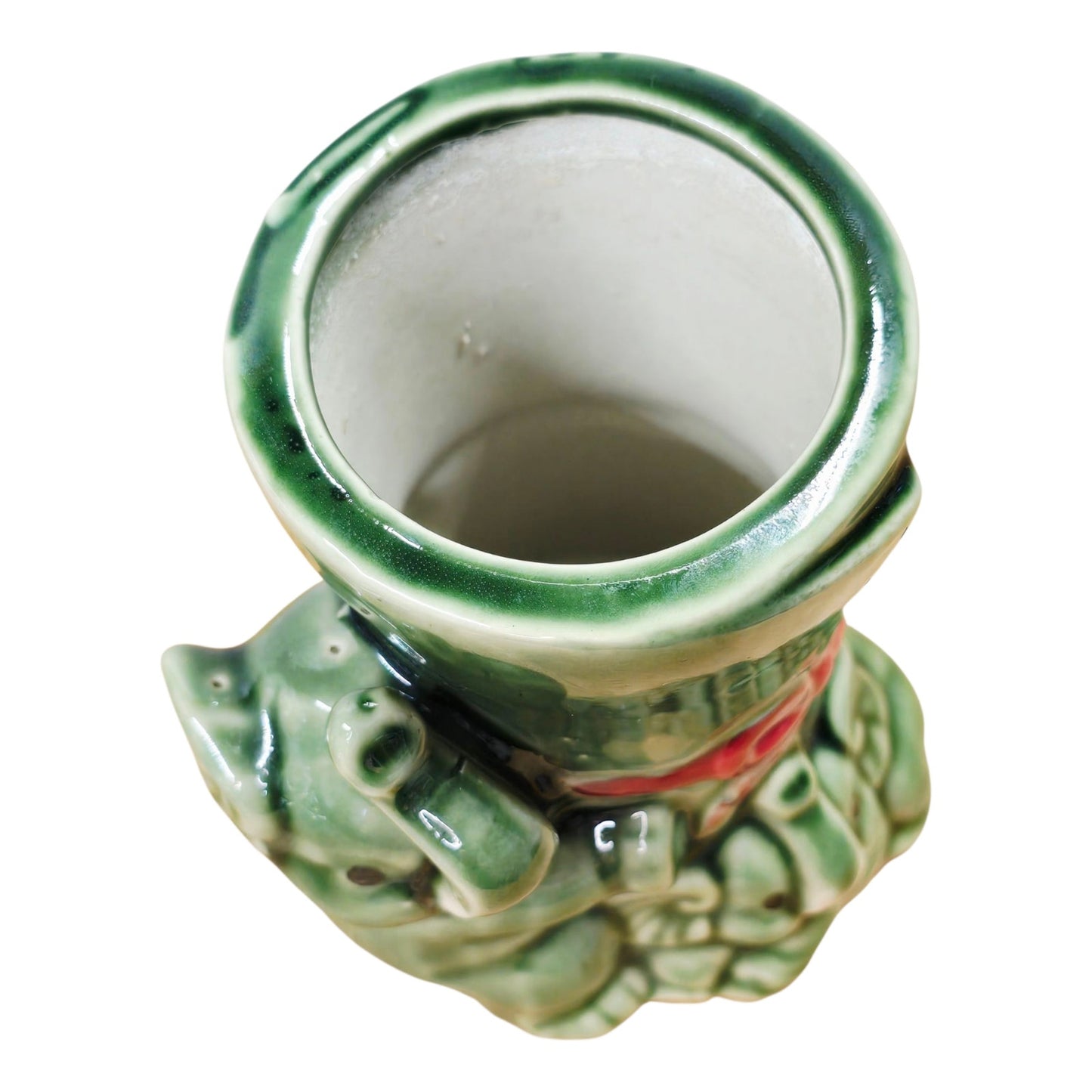 Vintage Green Elephant Ceramic Planter Rolled Scroll Design with Red Bow 5"