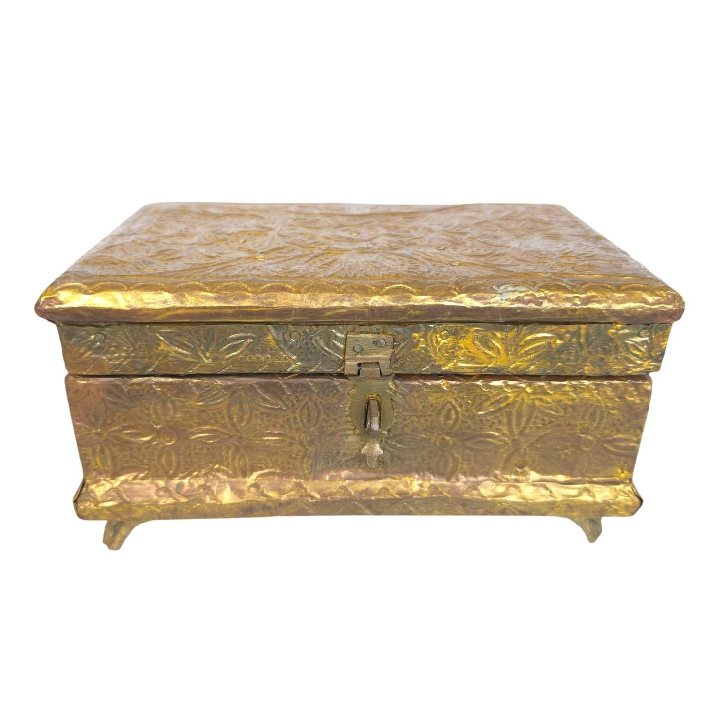 (Reserved for Customer) Vintage Embossed Repousse Brass Jewelry Box Red Velvet Lined Ornate Features