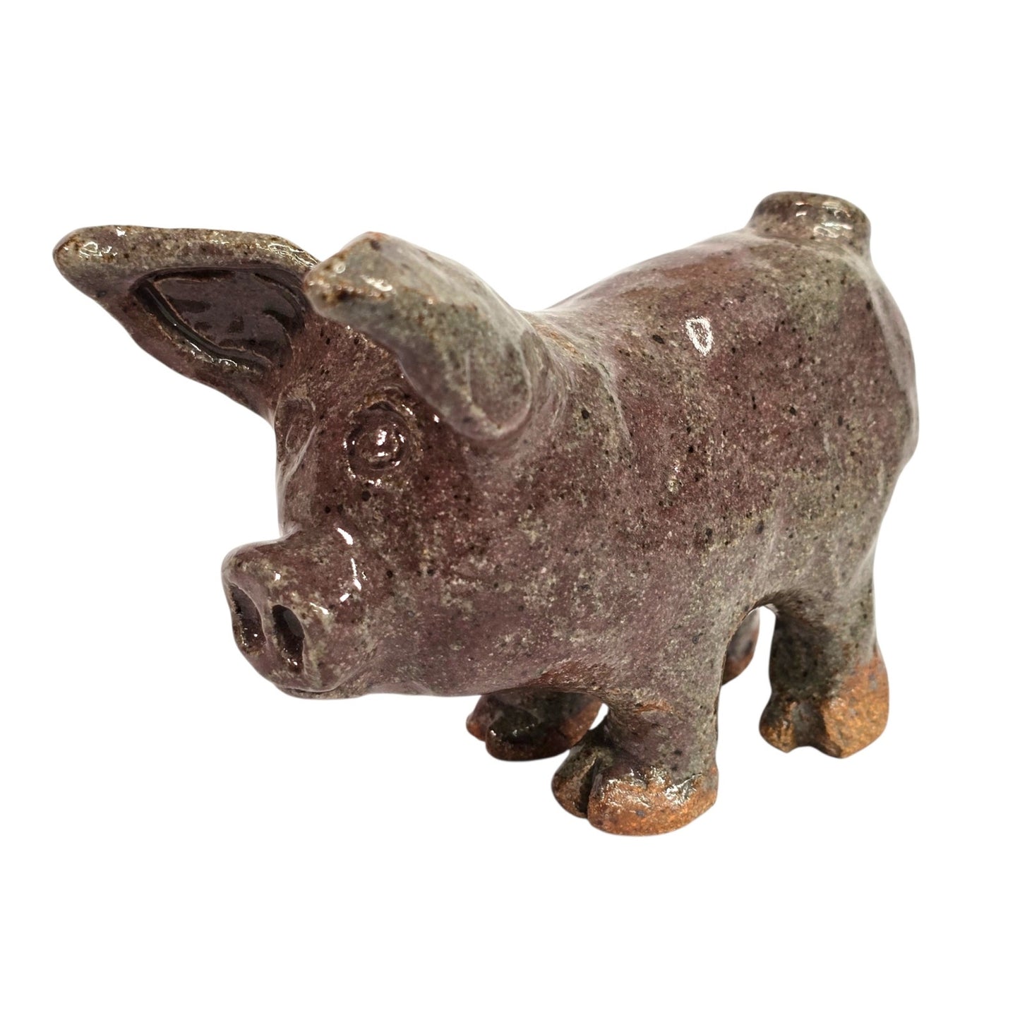 Vintage Studio Art Pottery Pig Figurine Signed BA Primitive Brown Glazed Clay