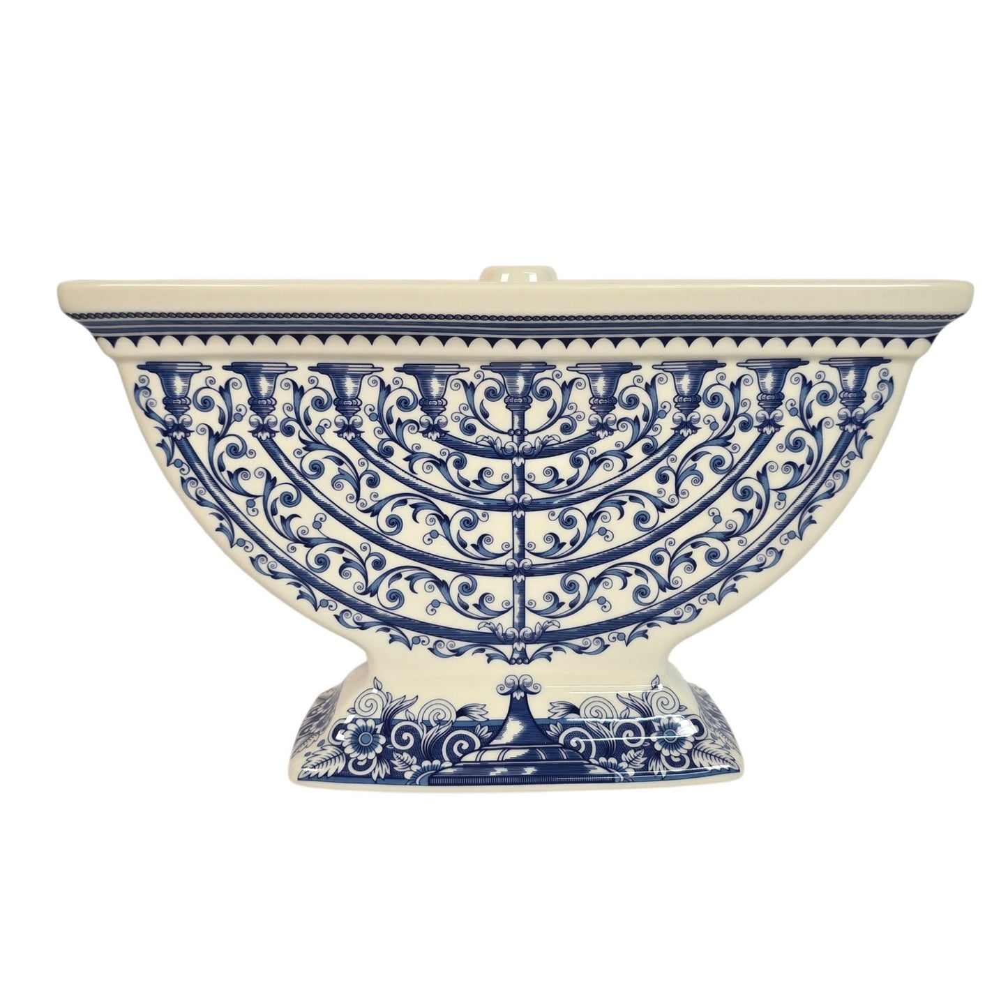 Vintage Spode The Judaica Collection Ceramic Hanukkah Menorah Blue White Scroll