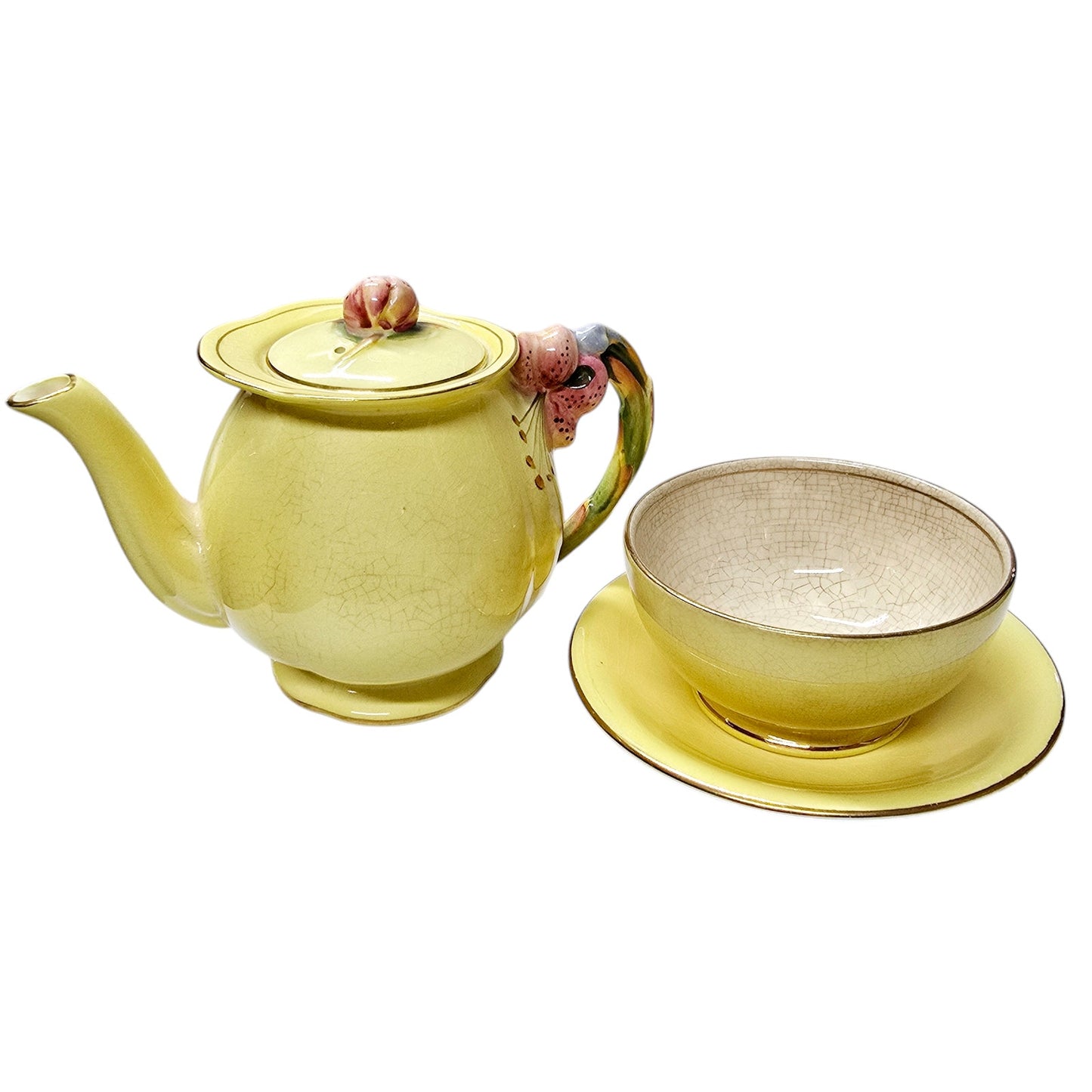 READ 1930's Royal Winton Grimewades Tiger Lily Teapot, Sugar Bowl? and Saucer Yellow