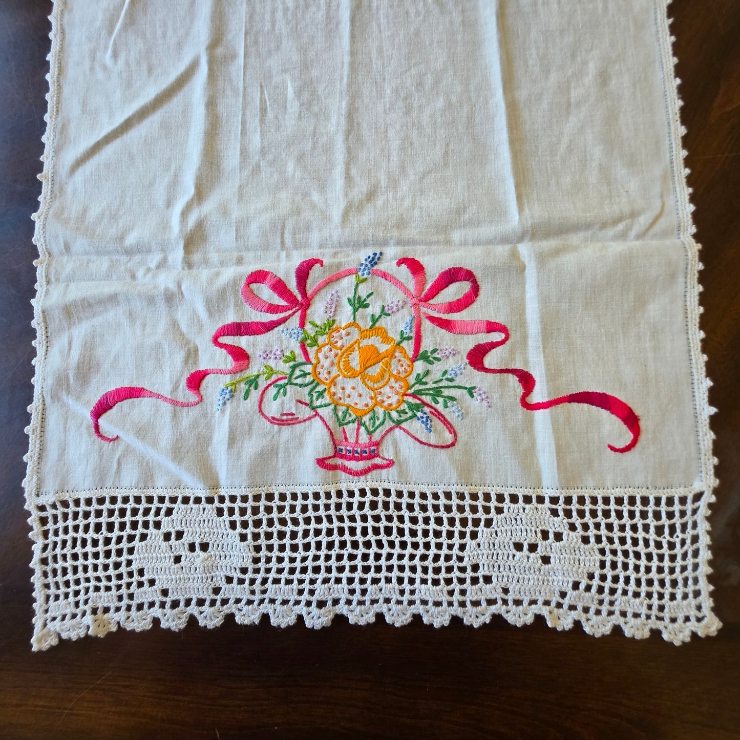 Vintage Floral Basket Embroidered Dresser Scarf Linen Runner Double Sided 32"