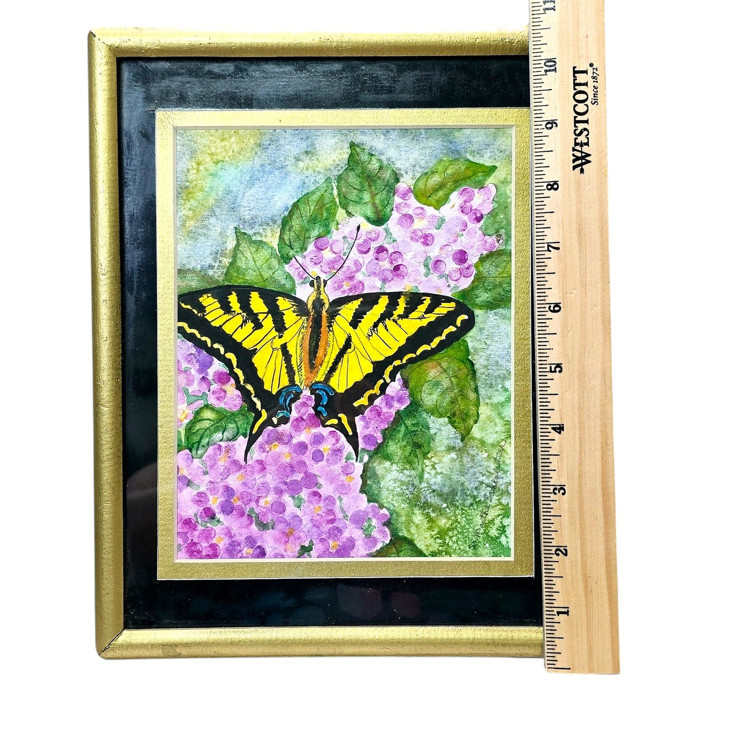 Signed Watercolor Eastern Tiger Swallowtail Butterfly Resting on Purple Lilacs