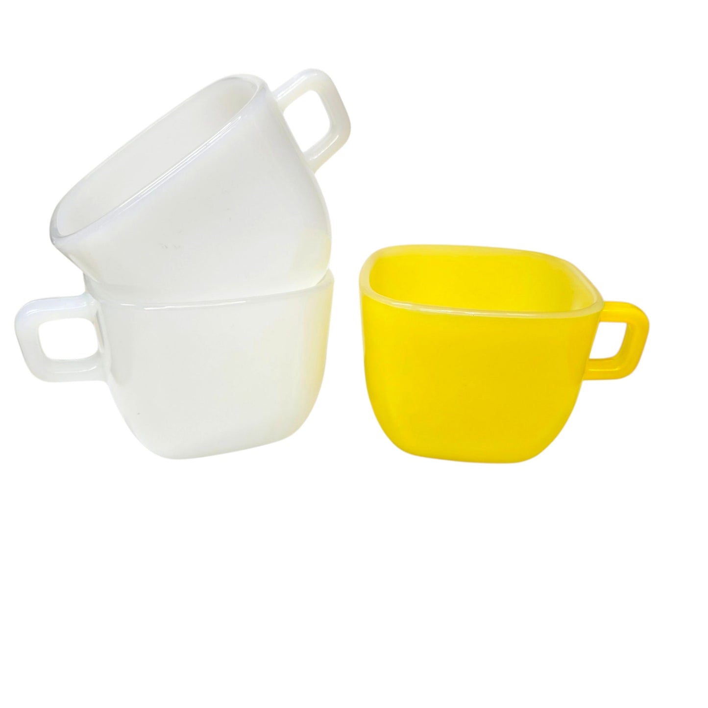 Glasbake Milk Glass Mugs Set 3 Square White Yellow USA Vintage Coffee Cups