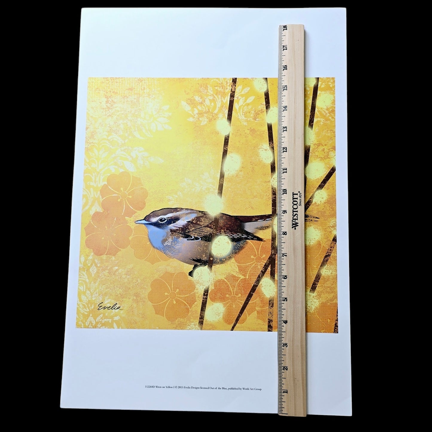 Set of 2 Wren Bird Art Prints: Wren on Yellow I and II, 2015 Evelia Designs, Licensed Out of the Blue, Published by World Art Group