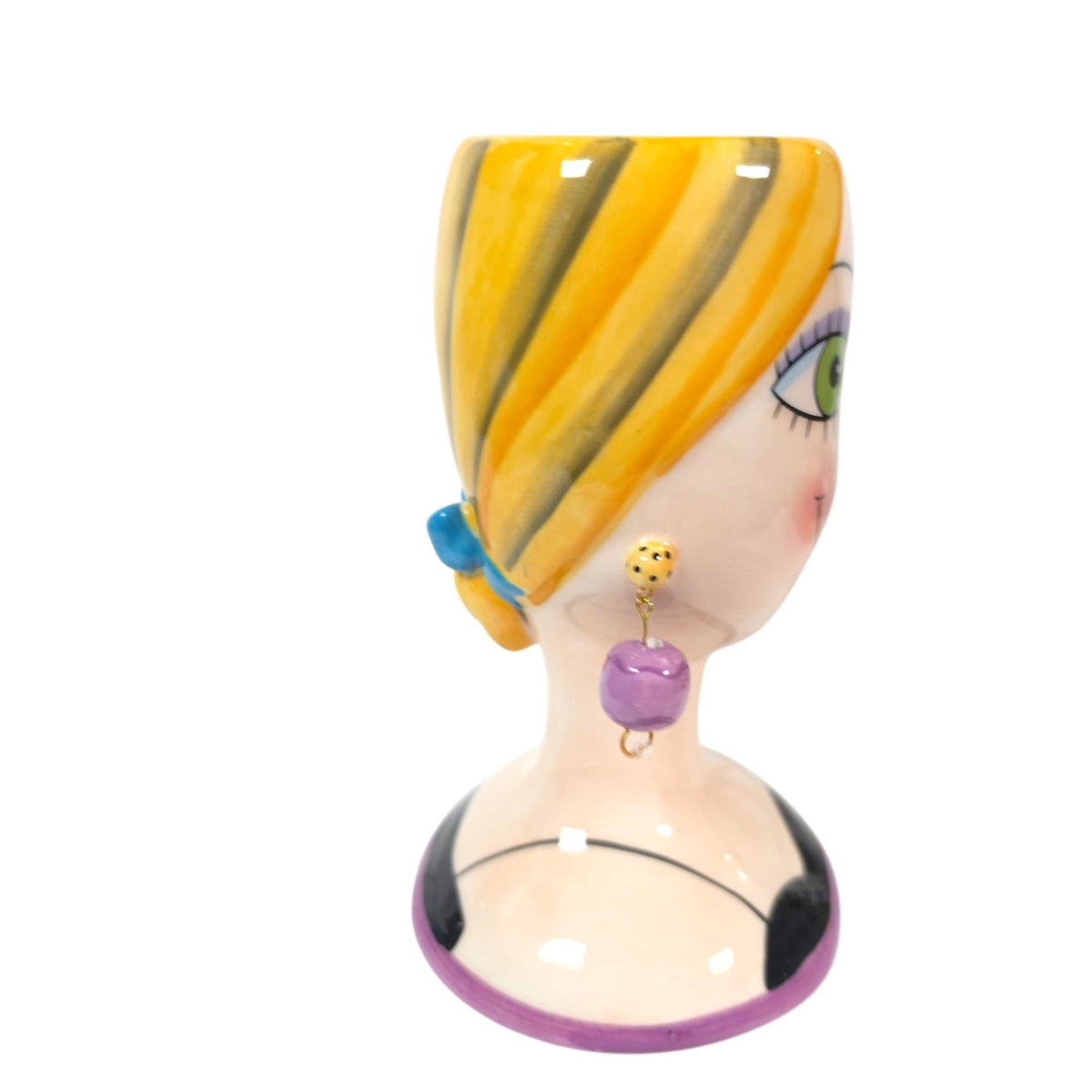 BABS Whimsical Ceramic Lady Head Vase Blonde Green Eyes Purple Earrings