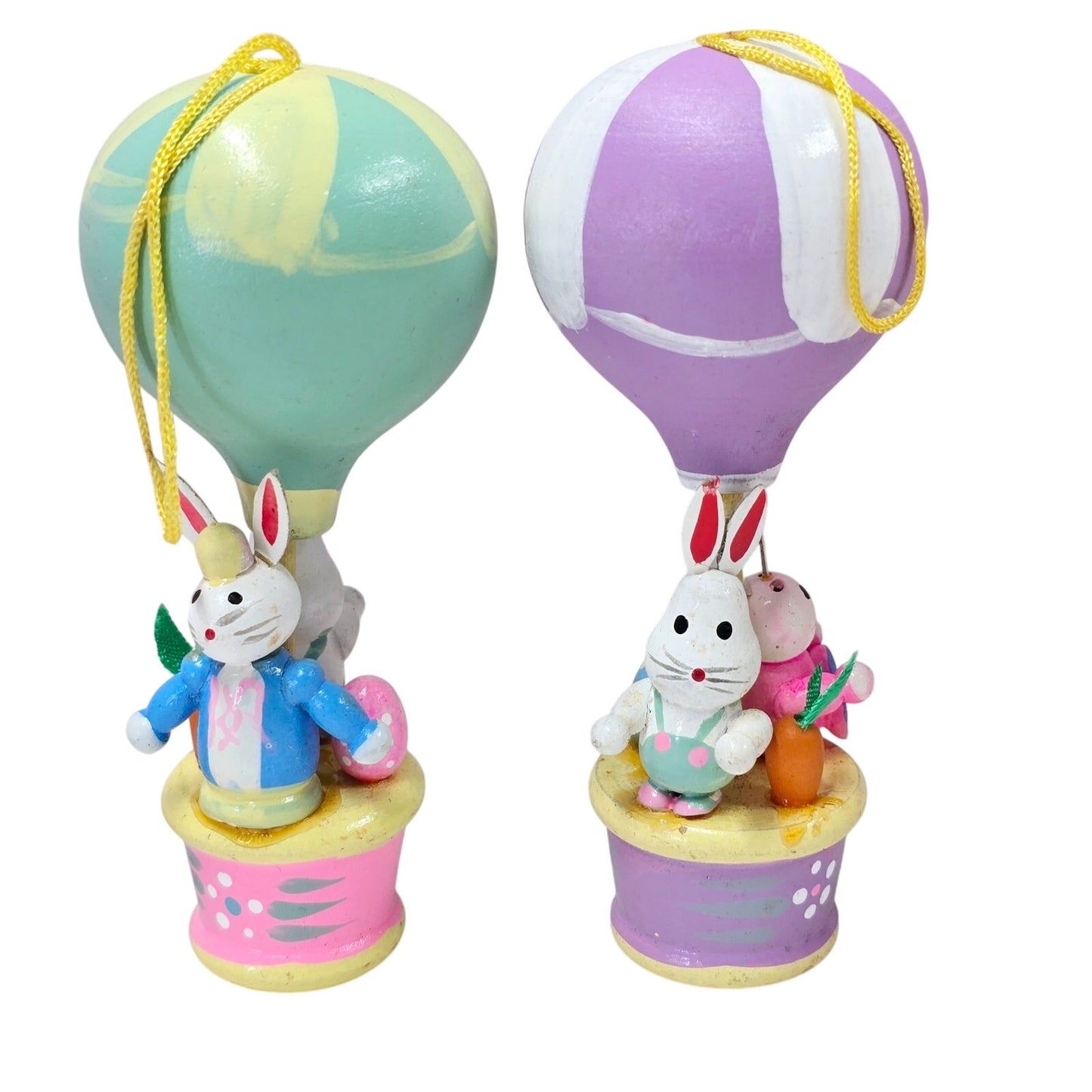 Set of 6 Adorable Vintage Wooden Hot Air Balloon Easter Ornaments with Bunnies and Chicks, Handpained