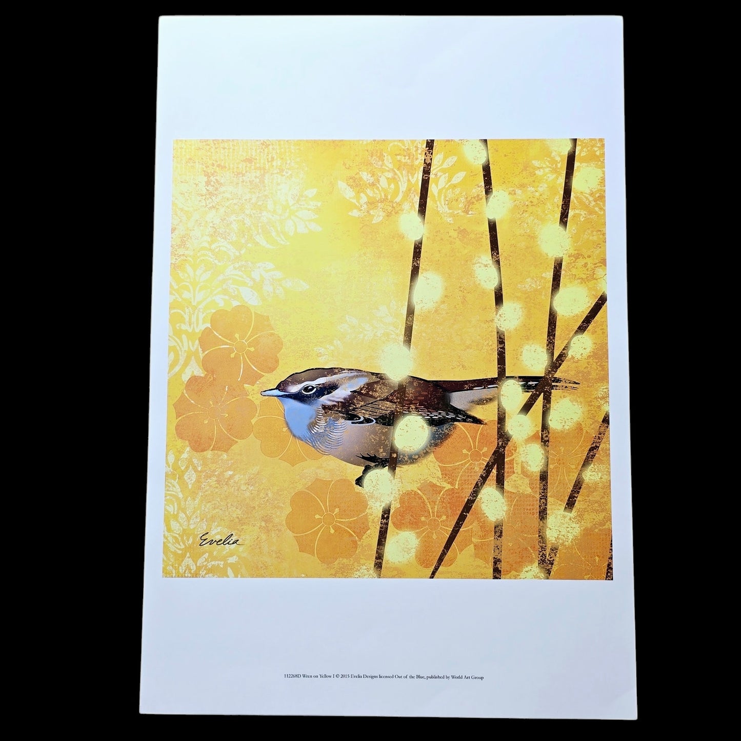 Set of 2 Wren Bird Art Prints: Wren on Yellow I and II, 2015 Evelia Designs, Licensed Out of the Blue, Published by World Art Group