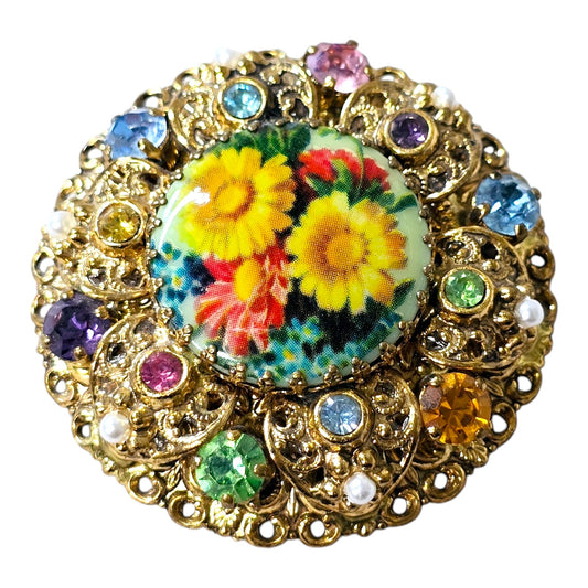 Vintage West Germany Rhinestone Brooch, Ornate Floral Filigree Round Brooch