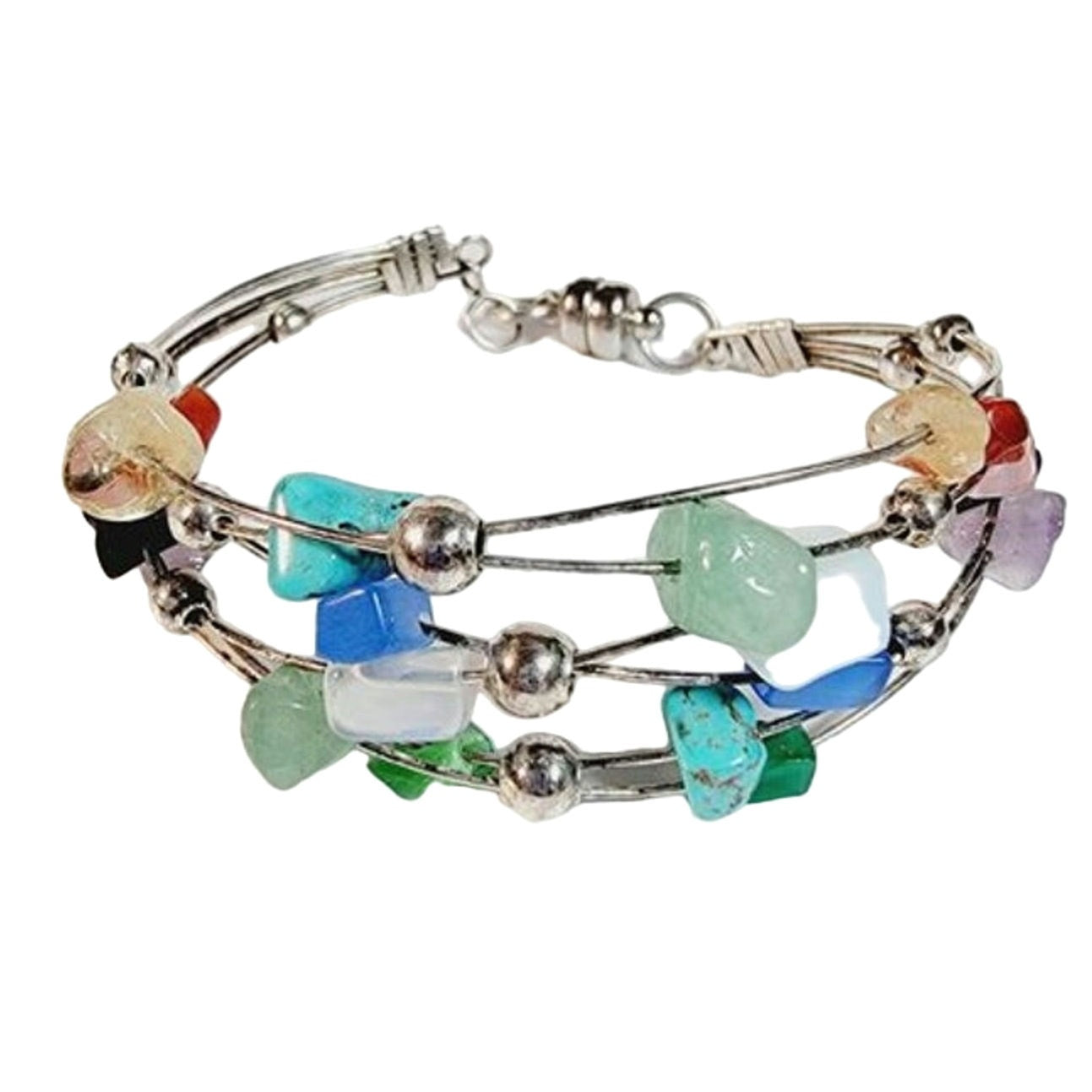 Multi-Stone Wire Bracelet with Magnetic Closure Clasp, Natural Mixed Stones