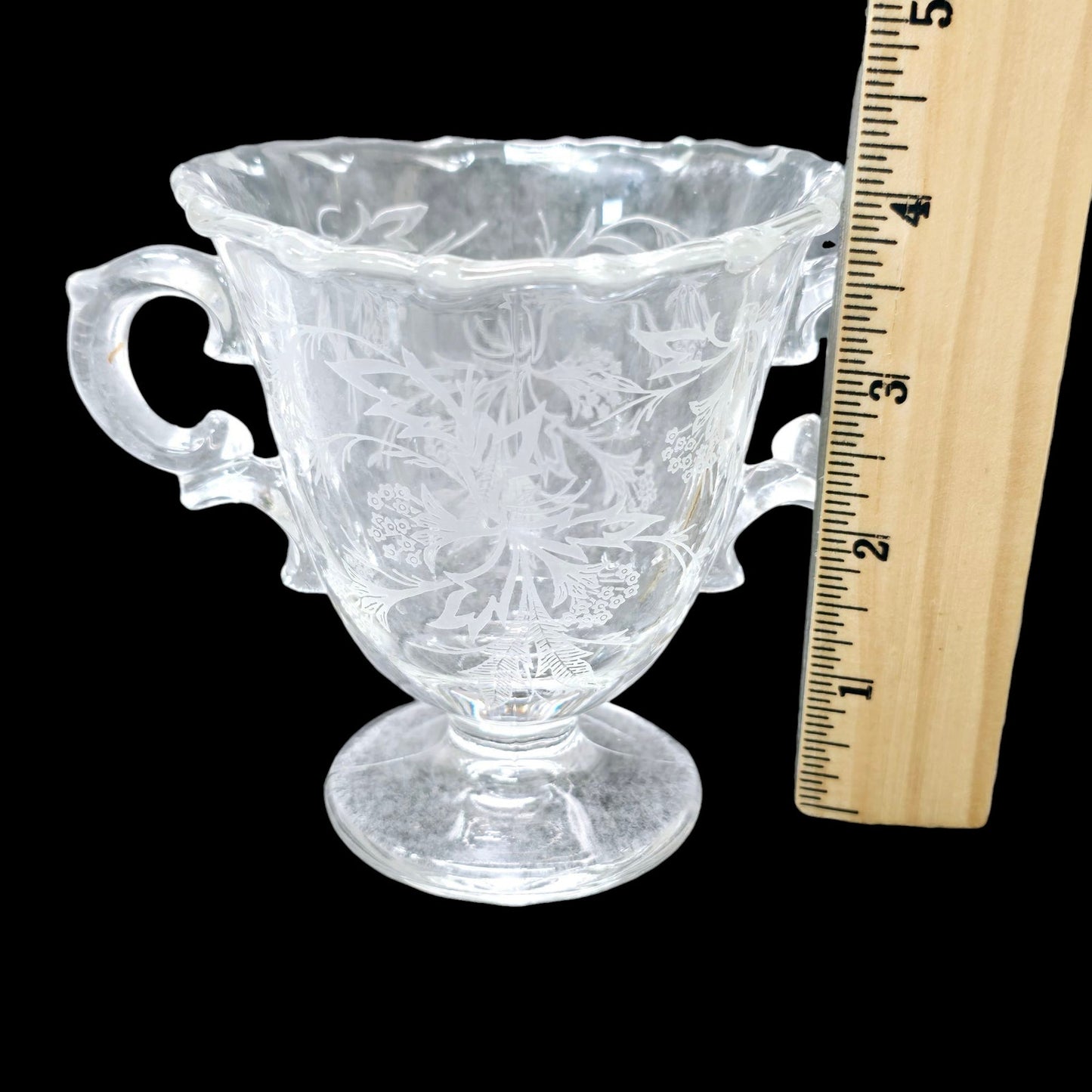Vtg Fostoria Heather Glass Sugar Jar w/ Handles Baroque Style Floral Leaf Pattern