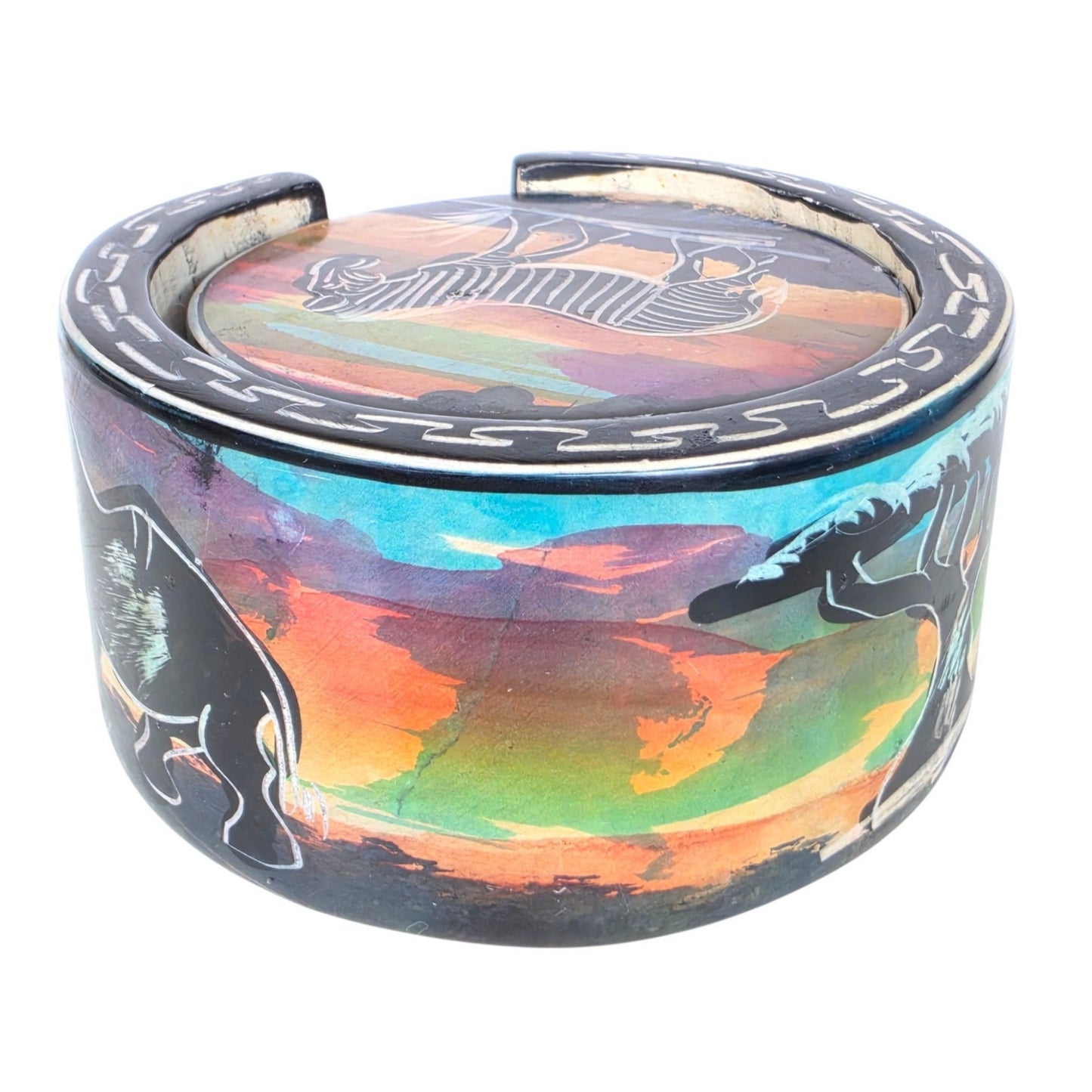 Vintage Serengeti Sunset Soapstone Coasters African Wildlife Holder Set