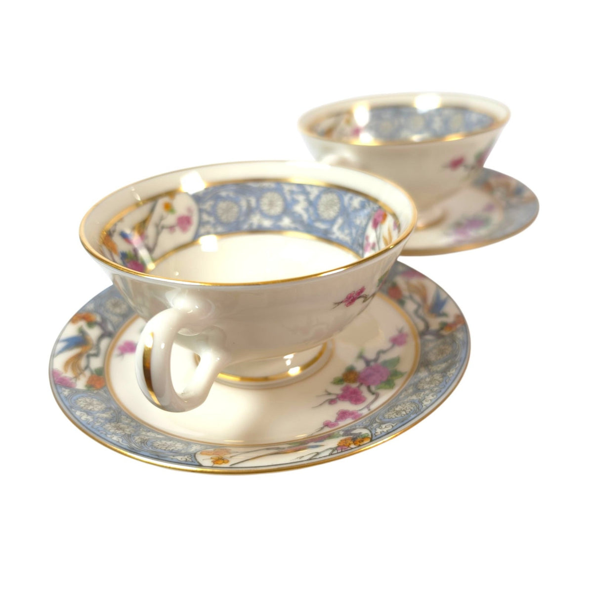 Vintage Lenox Ming P-16 Footed Teacups & Saucers Set of 2 Bird Floral Gold USA