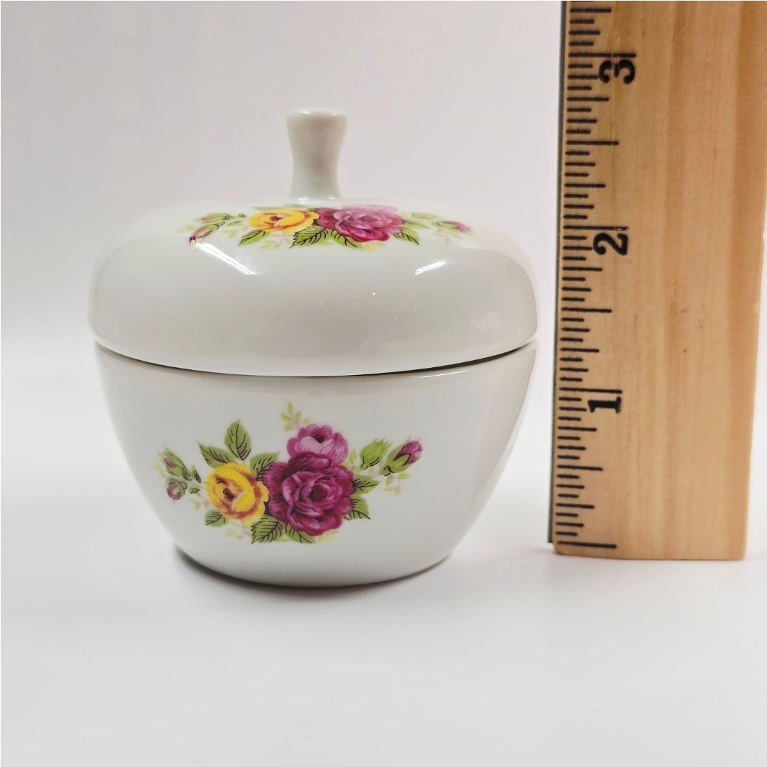 Vintage Porcelain Apple Trinket Box Jewelry Box Lidded Rose Floral Flowers