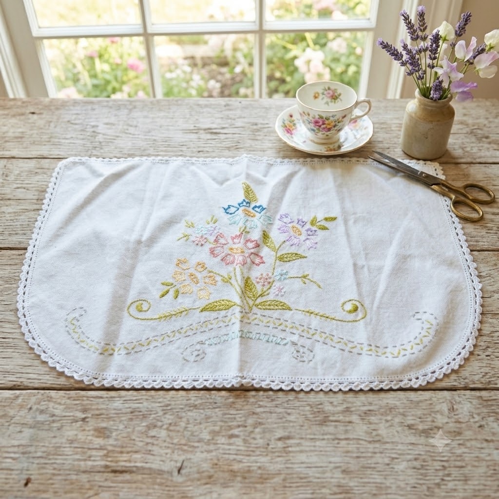 Vintage Embroidered Floral Scalloped Linen Placemat Dresser Scarf 17x10 Oblong