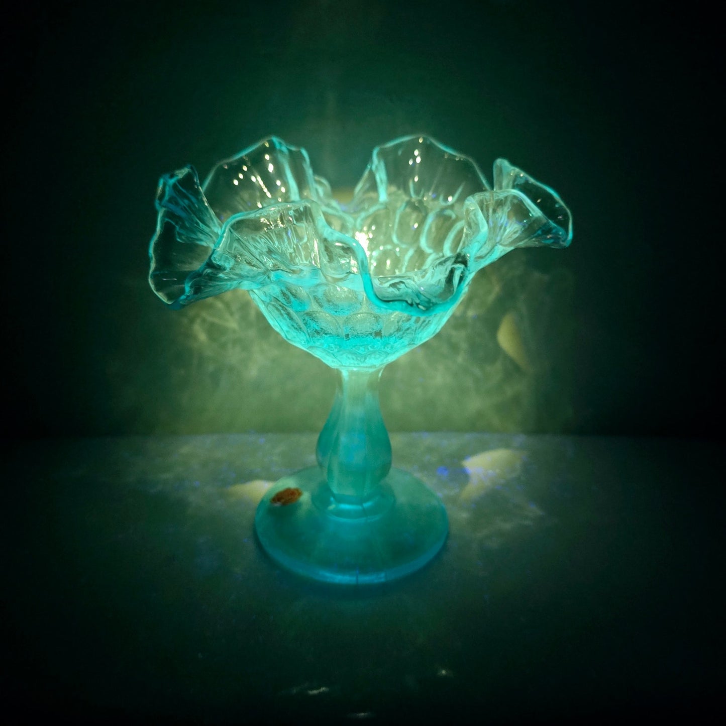 AS IS Fenton Blue Ruffled Pedestal Compote Coin Dot Candy Dish Glows Manganese