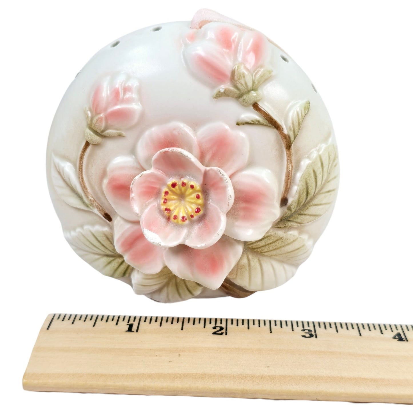 Vintage Floral Pomander Powder Shaker, Satin Ribbon, Pink Flower Pomander Japan