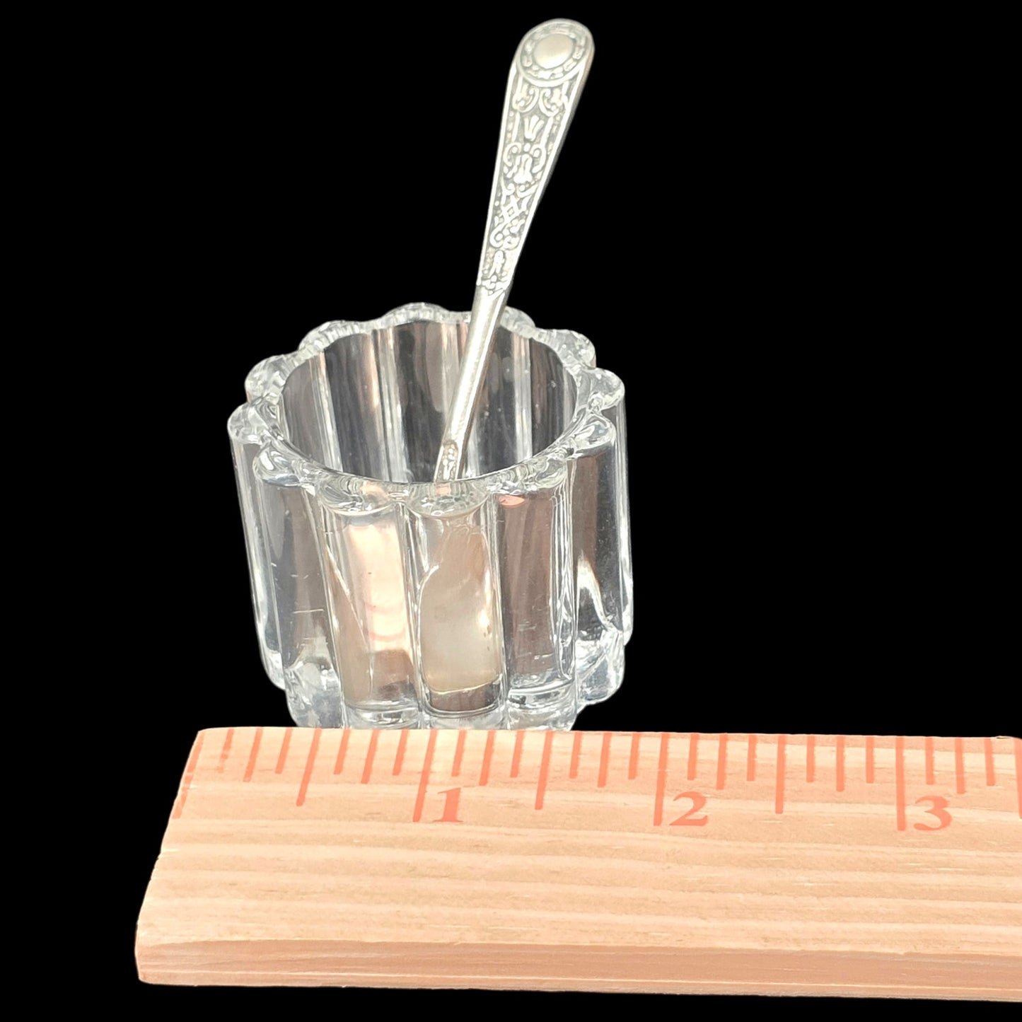 Vintage Heisey Crystolite Mustard Pot Glass Open Salt Sugar Ornate Floral Spoon