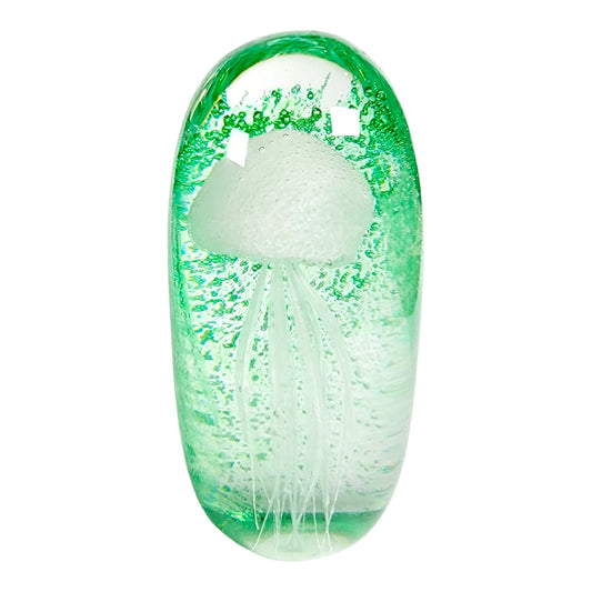 Green Art Glass Jellyfish Paperweight, Glows, Hand-Blown Art Glass Jellyfish