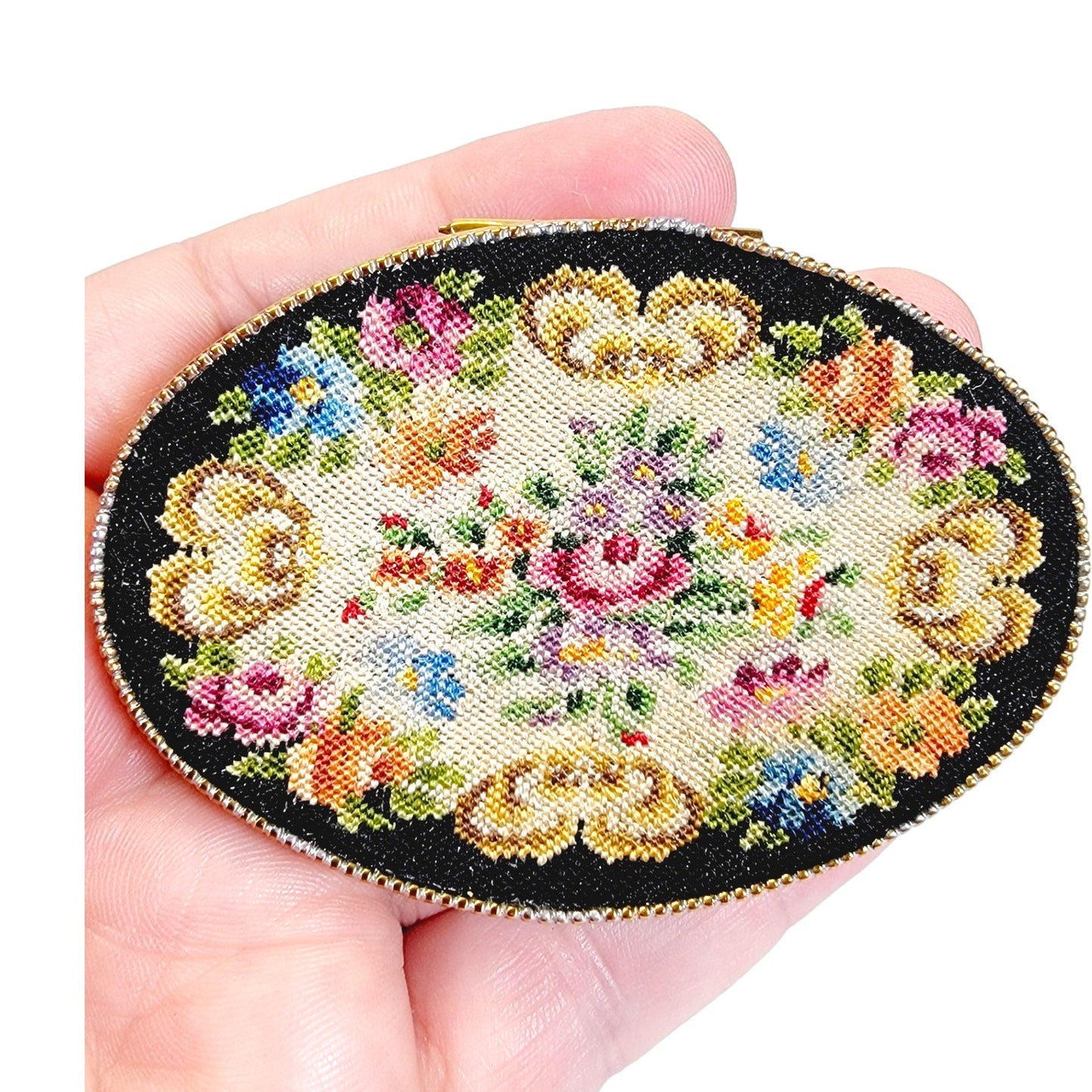 Exquisite Vintage Floral Petite Point Compact with Mirror, Puff and Pressed Powder